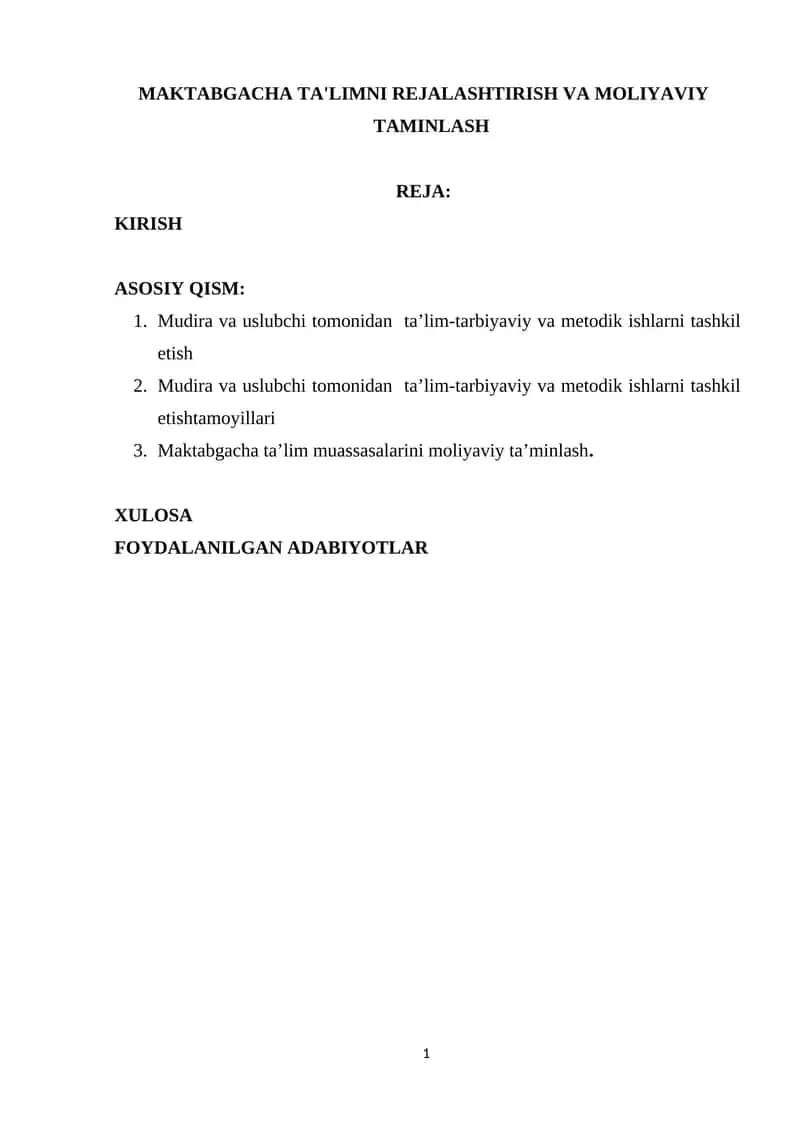 MAKTABGACHA TA'LIMNI REJALASHTIRISH VA MOLIYAVIY TAMINLASH 1
