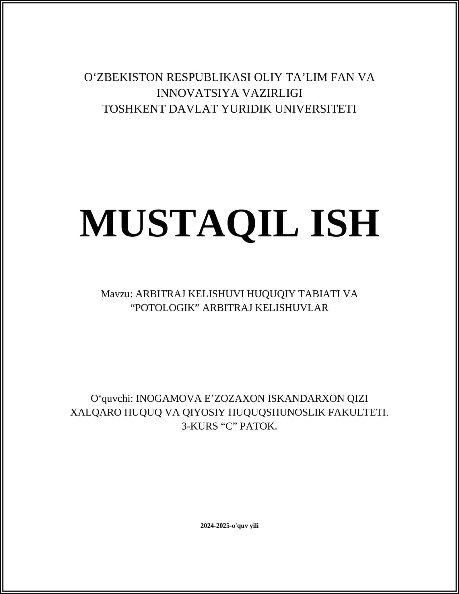 ARBITRAJ KELISHUVI HUQUQIY TABIATI VA “POTOLOGIK” ARBITRAJ KELISHUVLAR 1