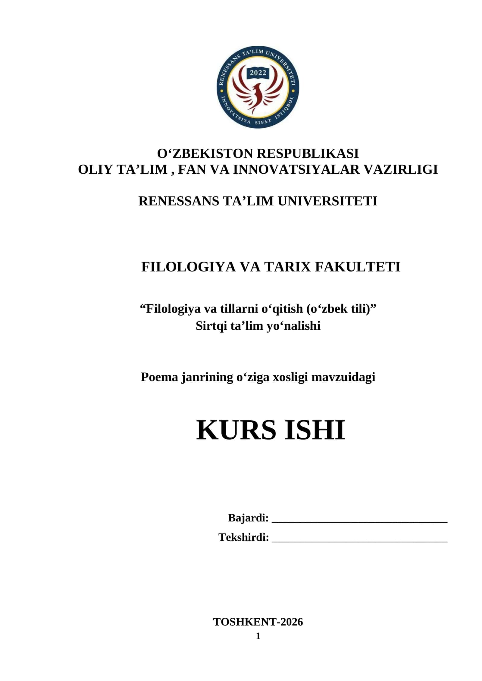 Filologiya va tillarni oʻqitish (oʻzbek tili) - Poema janrining o‘ziga xosligi 1