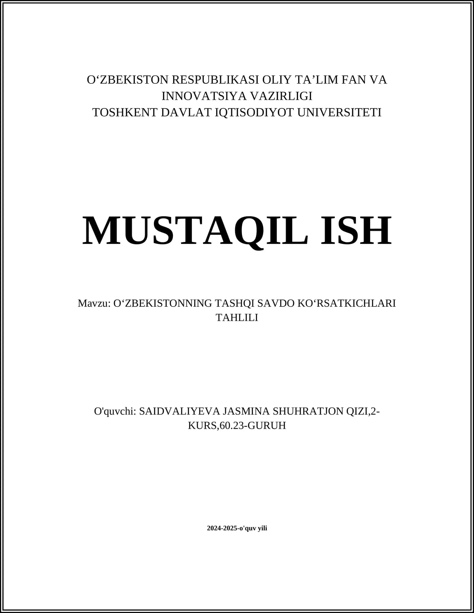 O‘ZBEKISTONNING TASHQI SAVDO KO‘RSATKICHLARI TAHLILI 1
