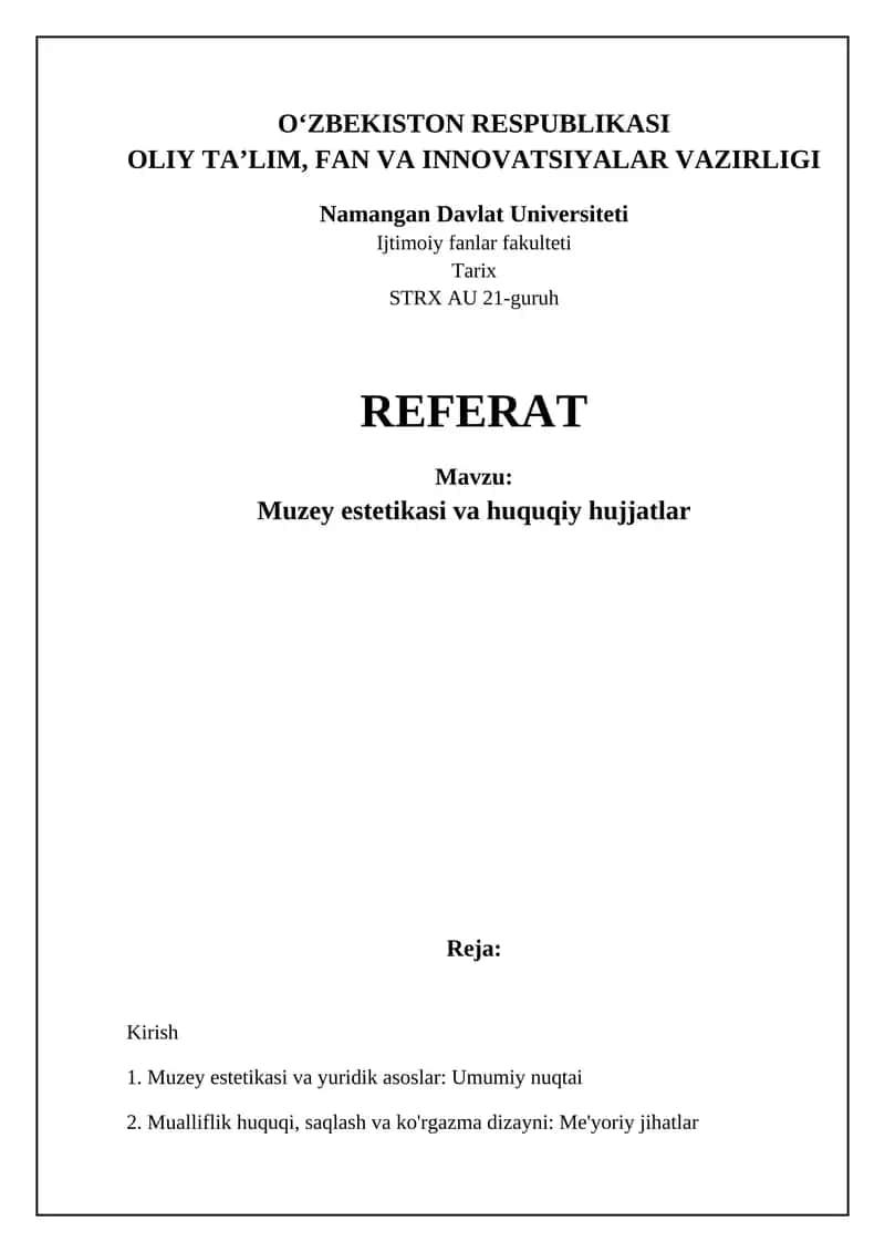 Muzey estetikasi va huquqiy hujjatlar 1