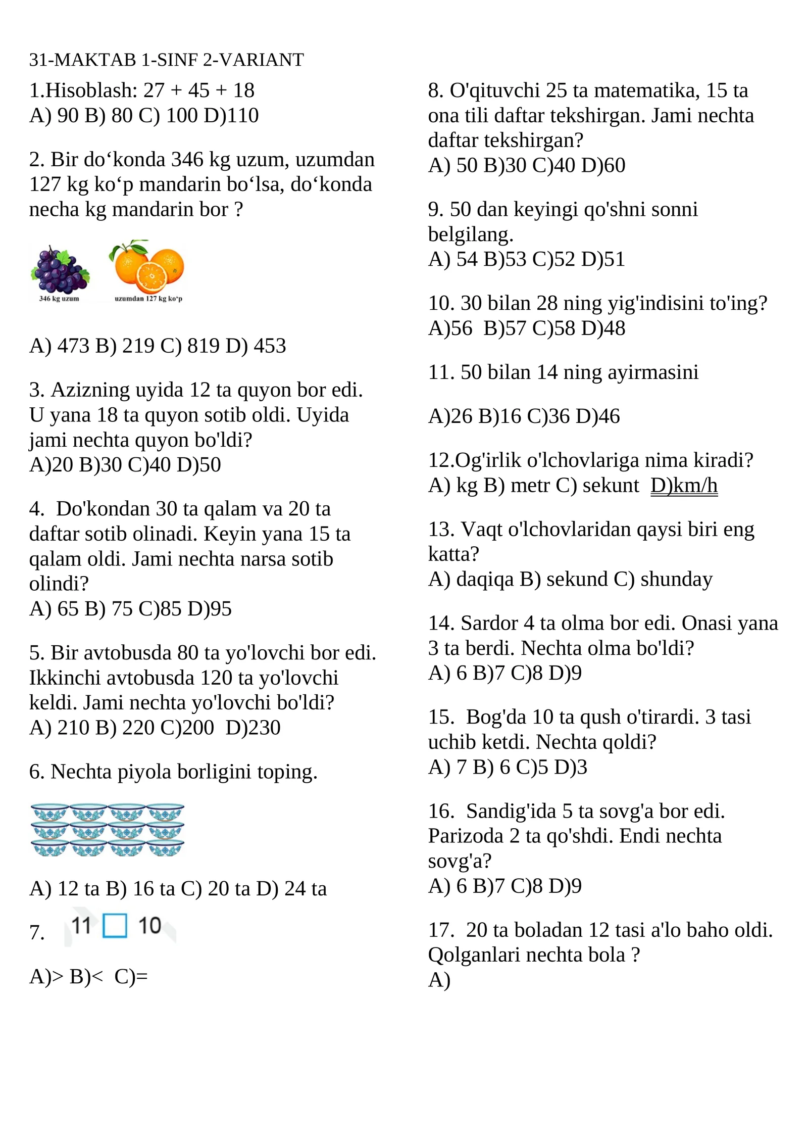 matematika 2-sinf testi 1