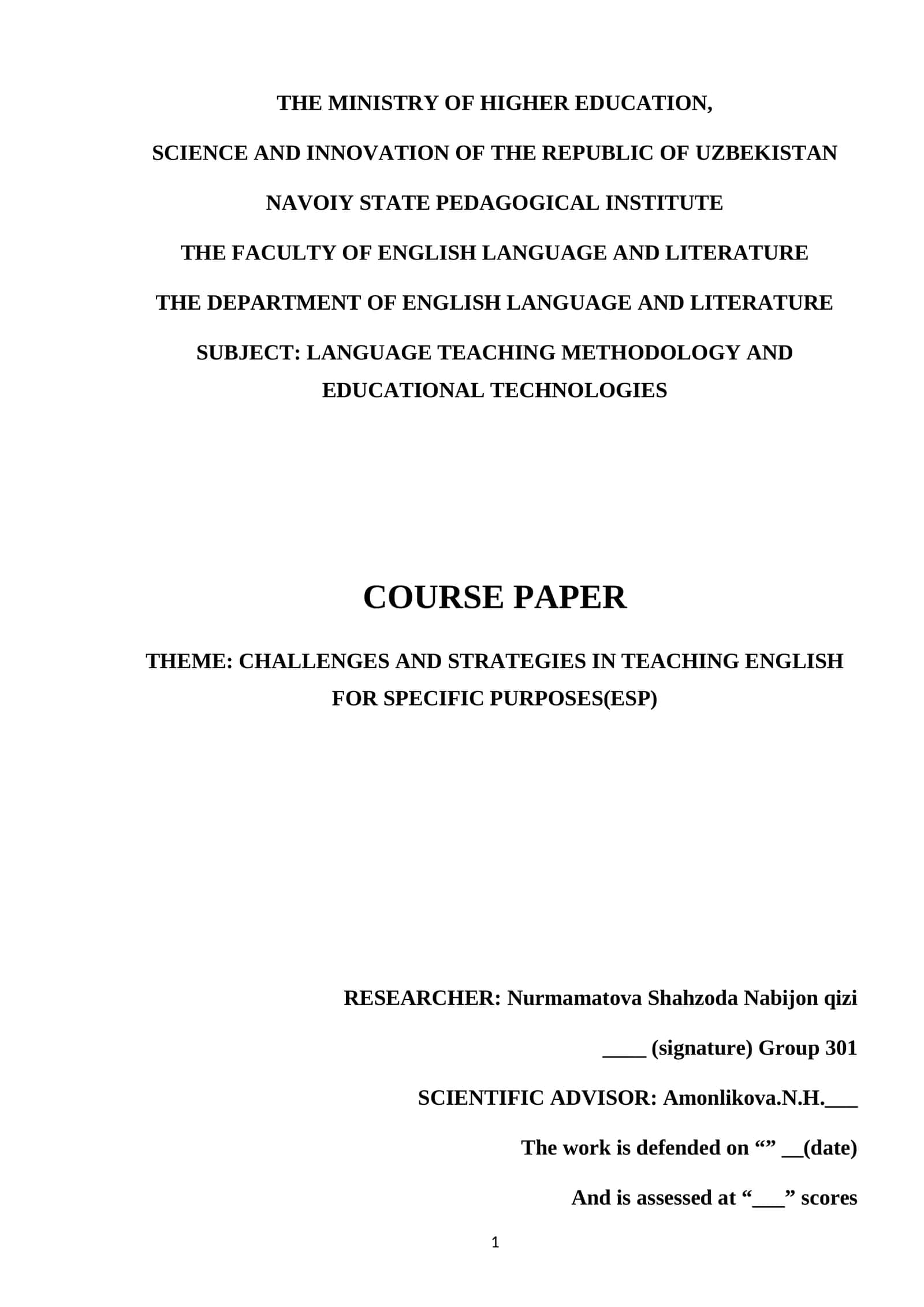CHALLENGES AND STRATEGIES IN TEACHING ENGLISH FOR SPECIFIC PURPOSES(ESP) 1