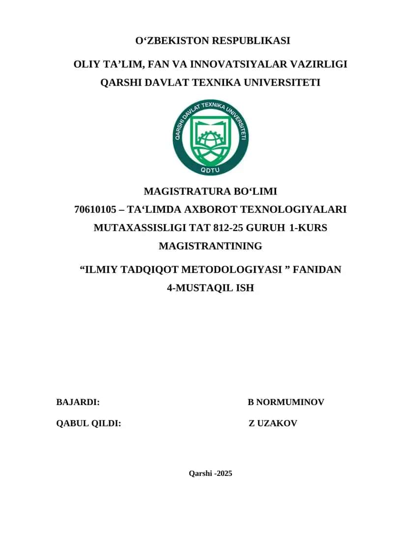 Magistrlik dissertatsiyasining (Ta'limda innovatsion pedagogik texnologiyalarni targ'ib qiluvchi web platforma ishlab chiqish) nazariy qismi bo’yicha tahliliy maqola tayyorlash 1