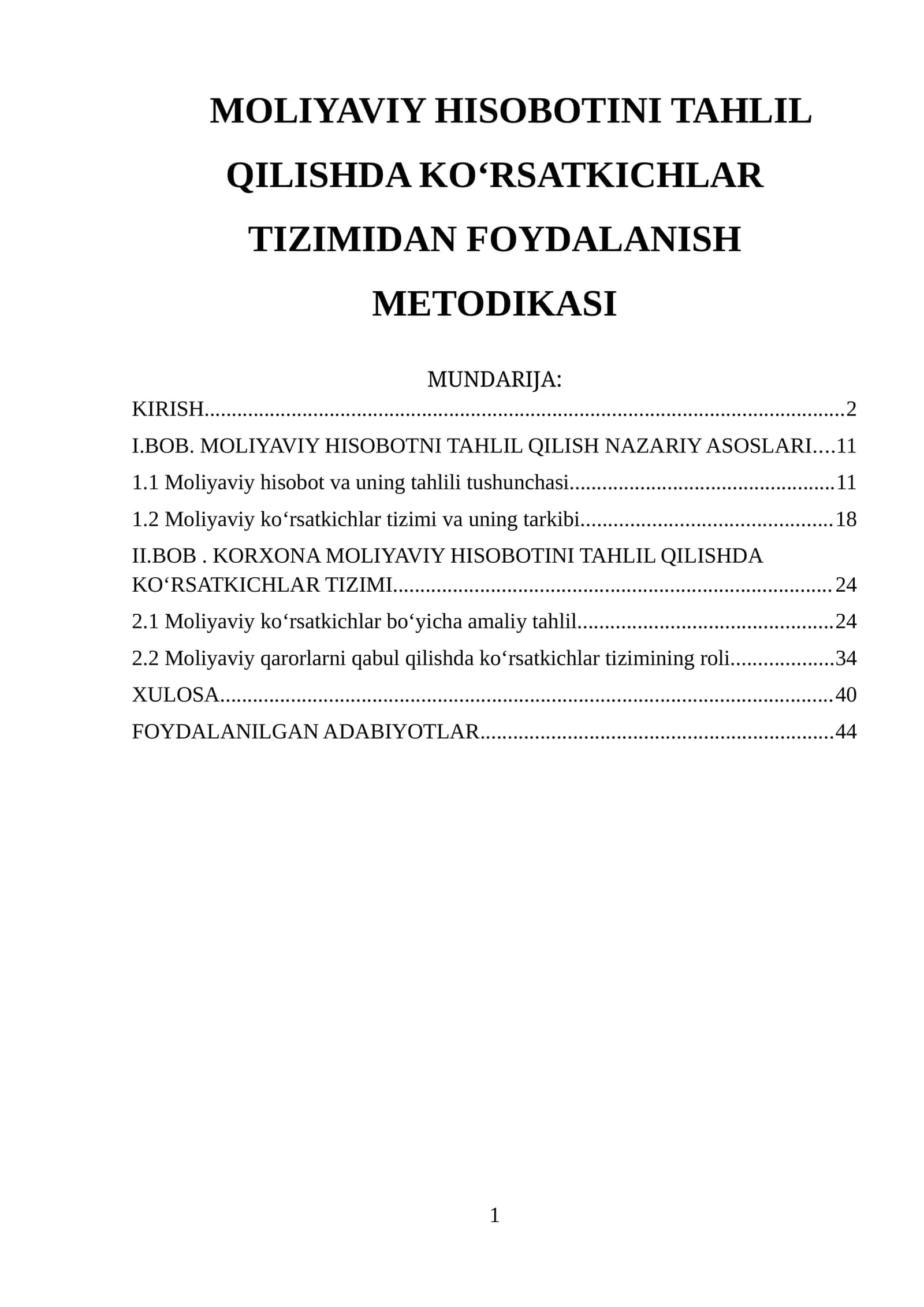 MOLIYAVIY HISOBOTINI TAHLIL QILISHDA KOʻRSATKICHLAR TIZIMIDAN FOYDALANISH METODIKASI 1