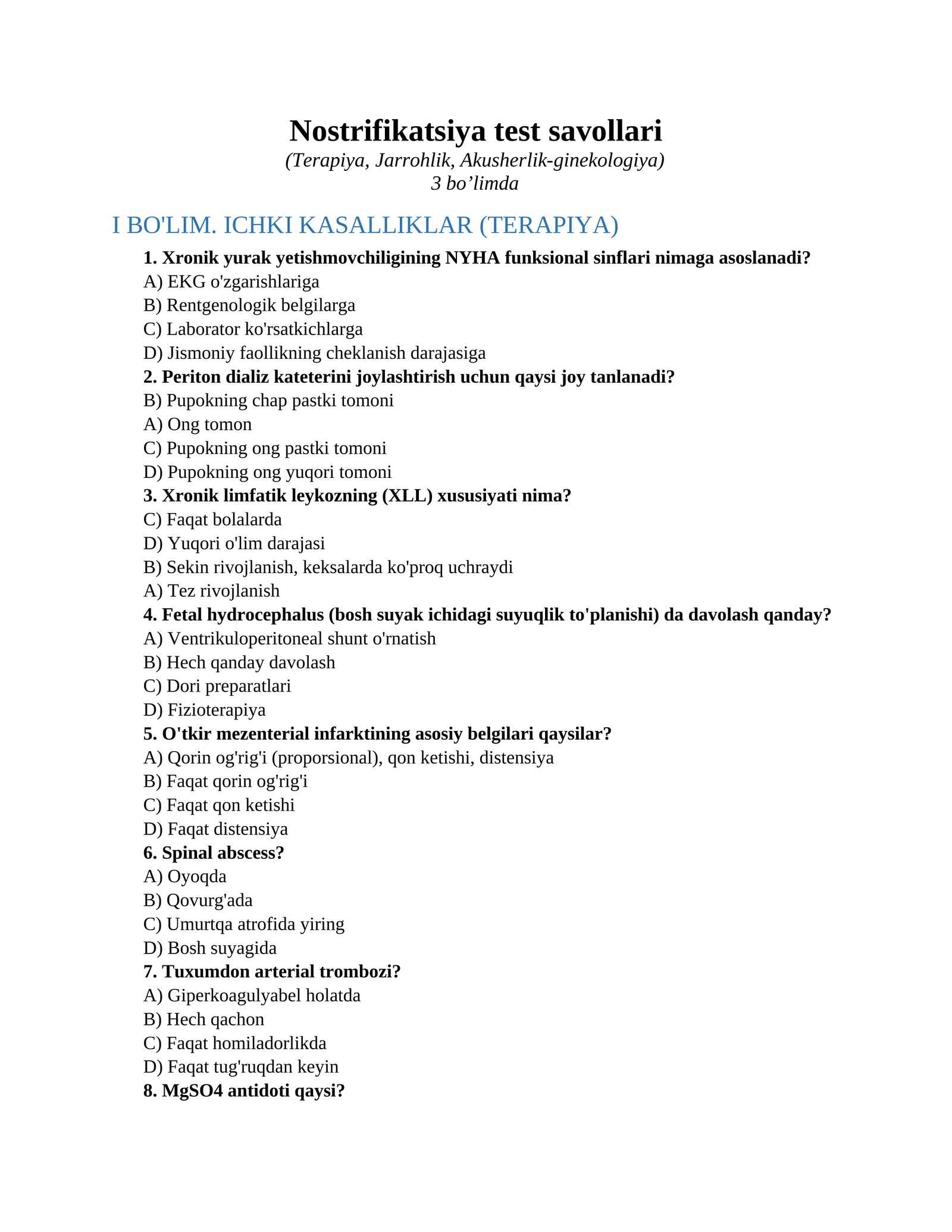 Nostrifikatsiya test savollari 1