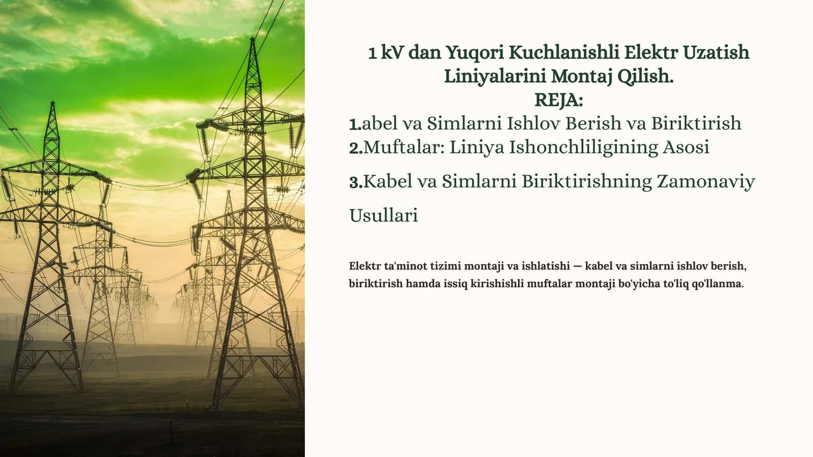 Elektr ta'minot tizimi montaji va ishlatishi 1