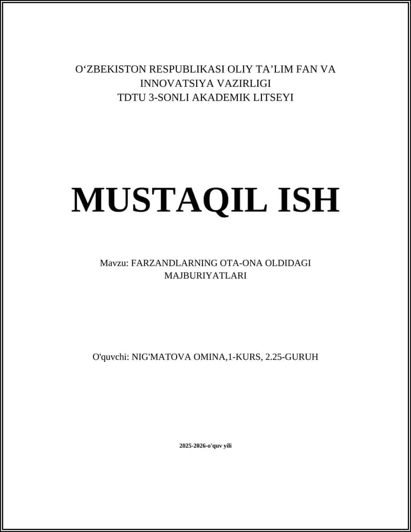 FARZANDLARNING OTA-ONA OLDIDAGI MAJBURIYATLARI 1