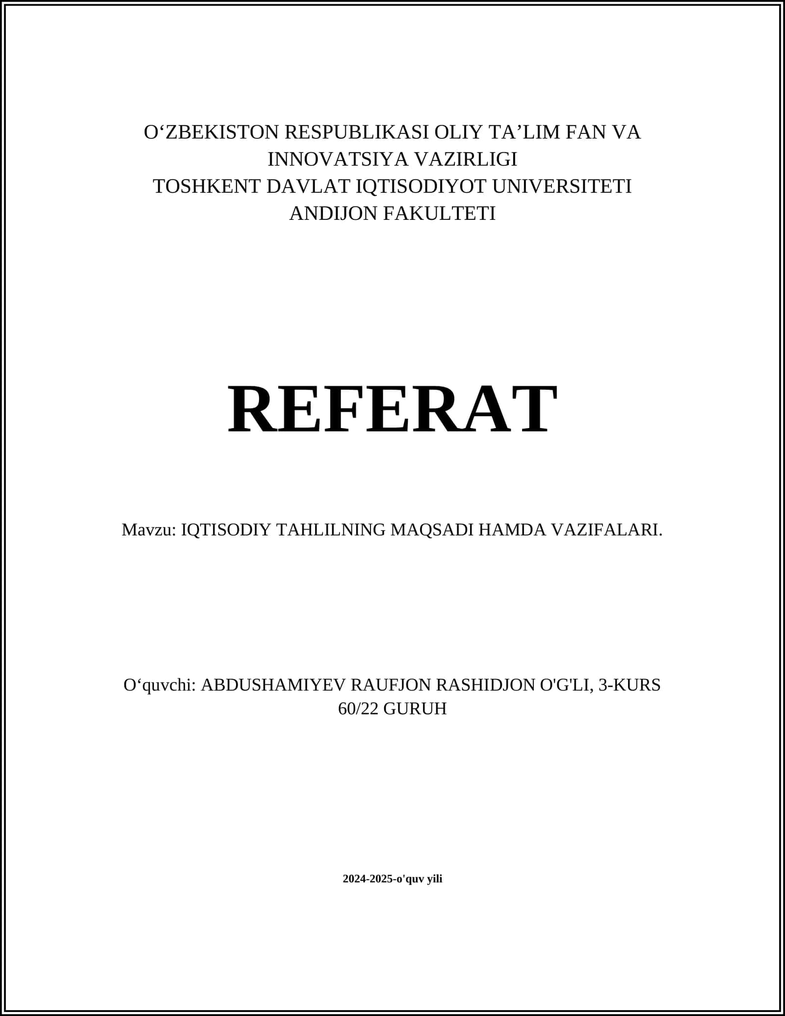IQTISODIY TAHLILNING MAQSADI HAMDA VAZIFALARI 1