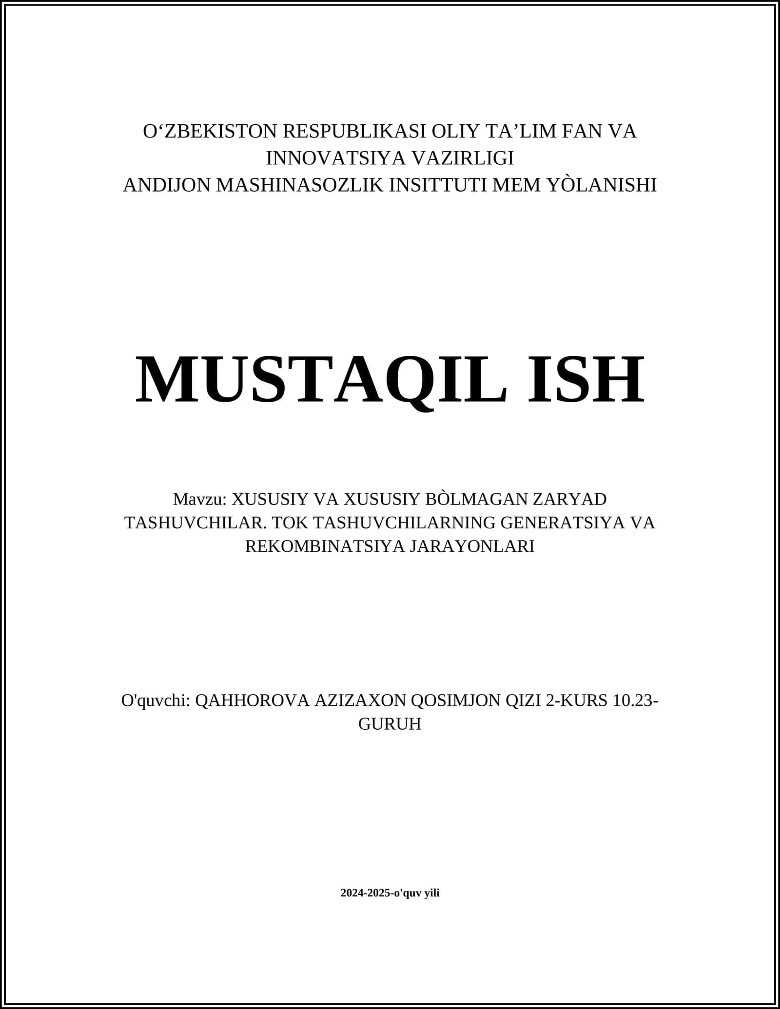 Xususiy va Xususiy Bo‘lmagan Zaryad Tashuvchilar. Tok Tashuvchilarning Generatsiya va Rekombinatsiya Jarayonlari 1