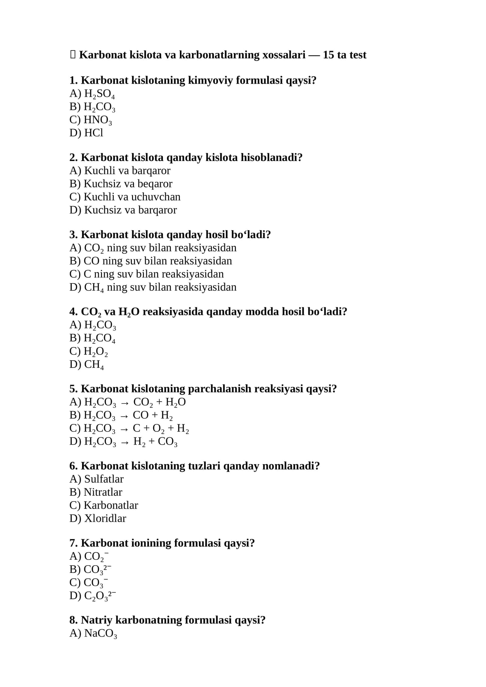Karbonat kislota va karbonatlarning xossalari 1