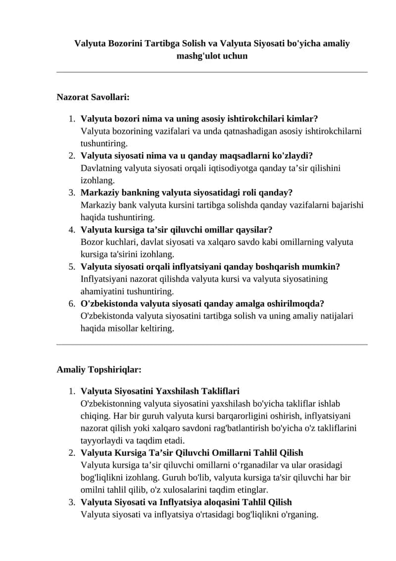 Valyuta Bozorini Tartibga Solish va Valyuta Siyosati bo'yicha amaliy mashg'ulot 1