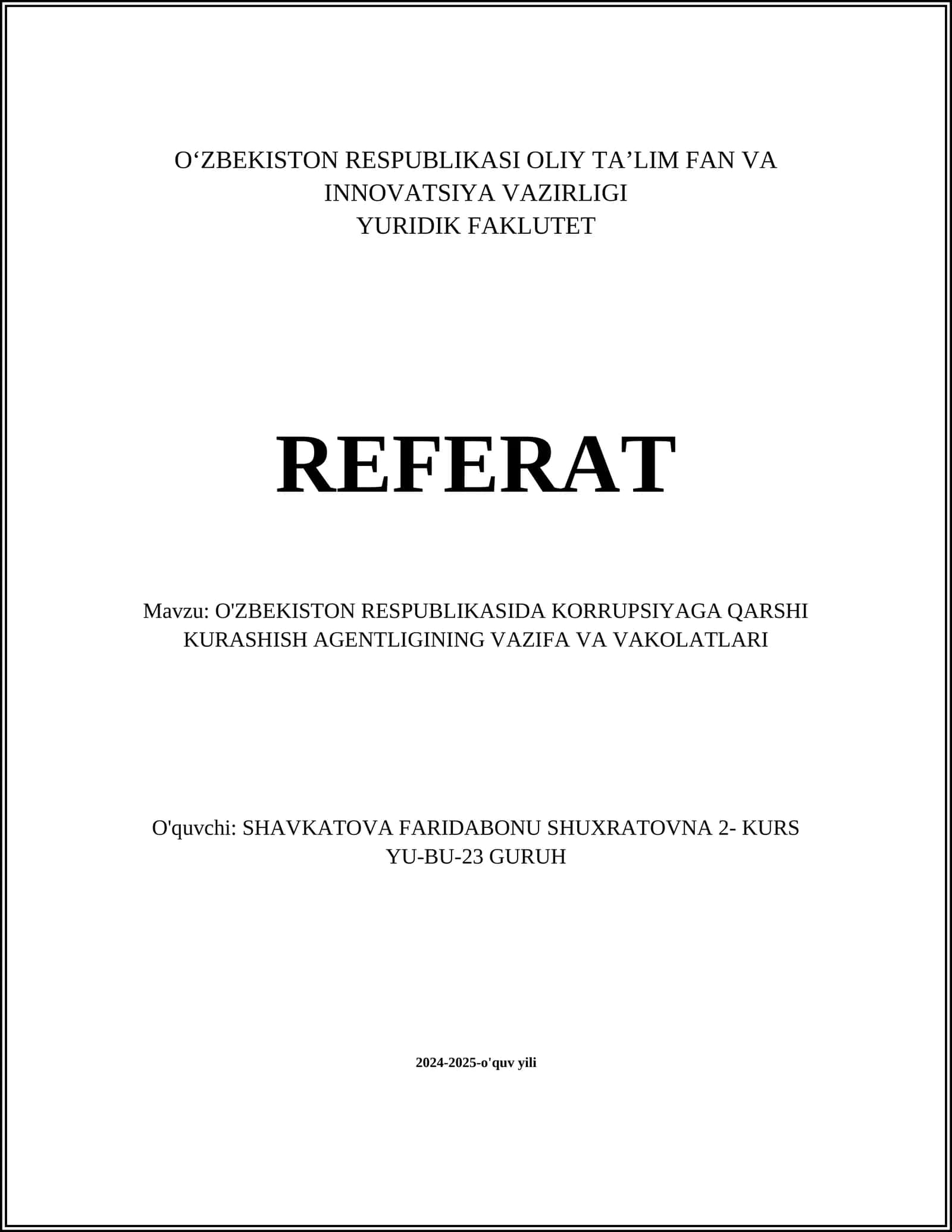 O'ZBEKISTON RESPUBLIKASIDA KORRUPSIYAGA QARSHI KURASHISH AGENTLIGINING VAZIFA VA VAKOLATLARI 1