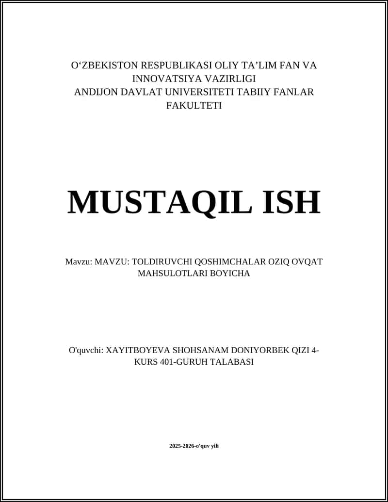 TOLDIRUVCHI QOSHIMCHALAR OZIQ OVQAT MAHSULOTLARI BOYICHA 1