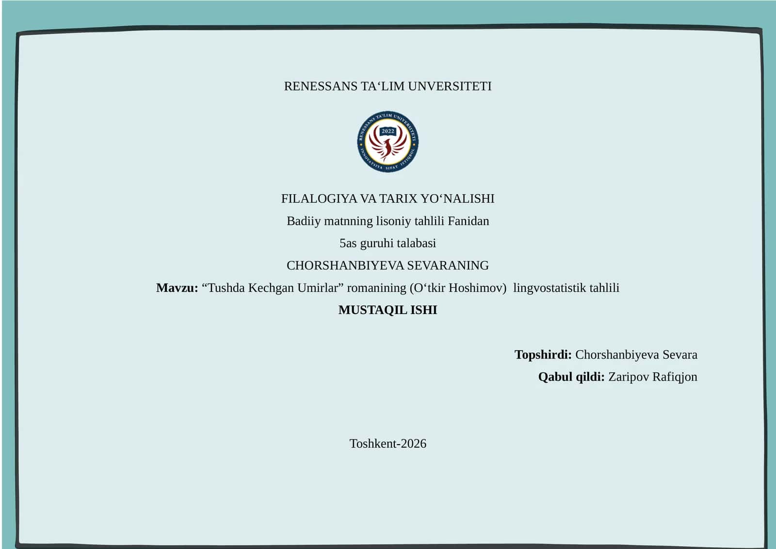 “Tushda Kechgan Umirlar” romanining (O‘tkir Hoshimov)  lingvostatistik tahlili 1