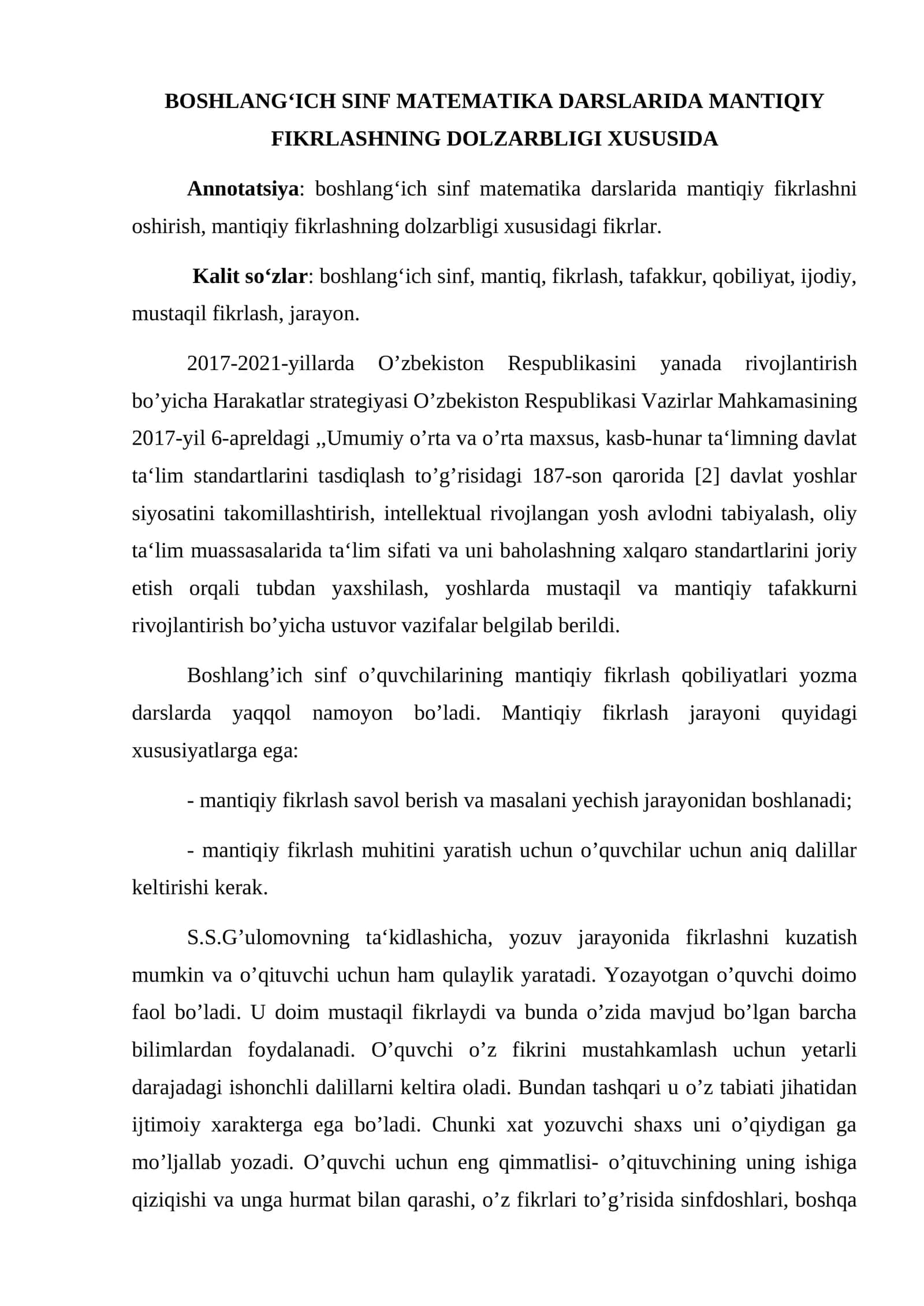 BOSHLANG‘ICH SINF MATEMATIKA DARSLARIDA MANTIQIY FIKRLASHNING DOLZARBLIGI XUSUSIDA 1