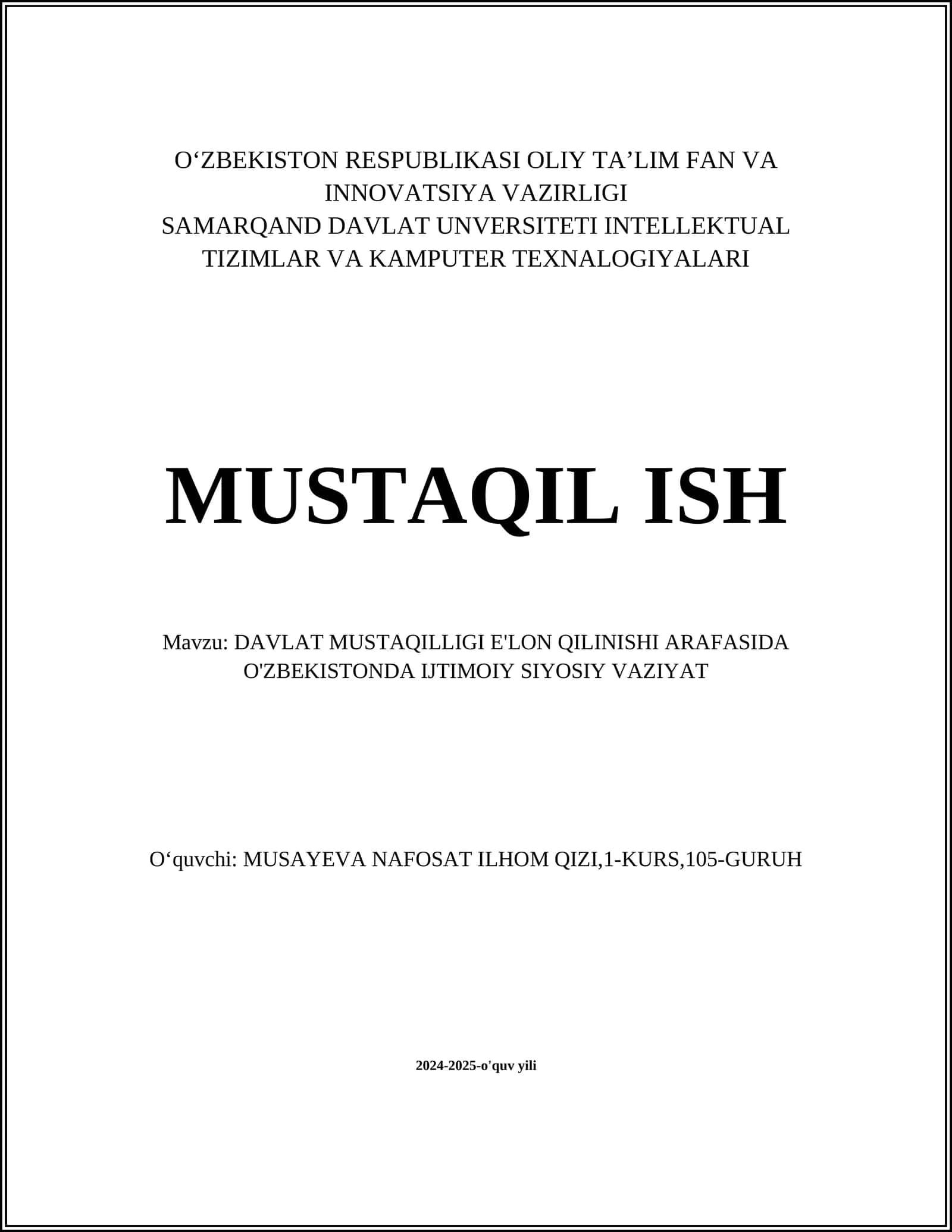 DAVLAT MUSTAQILLIGI E'LON QILINISHI ARAFASIDA O'ZBEKISTONDA IJTIMOIY SIYOSIY VAZIYAT 1