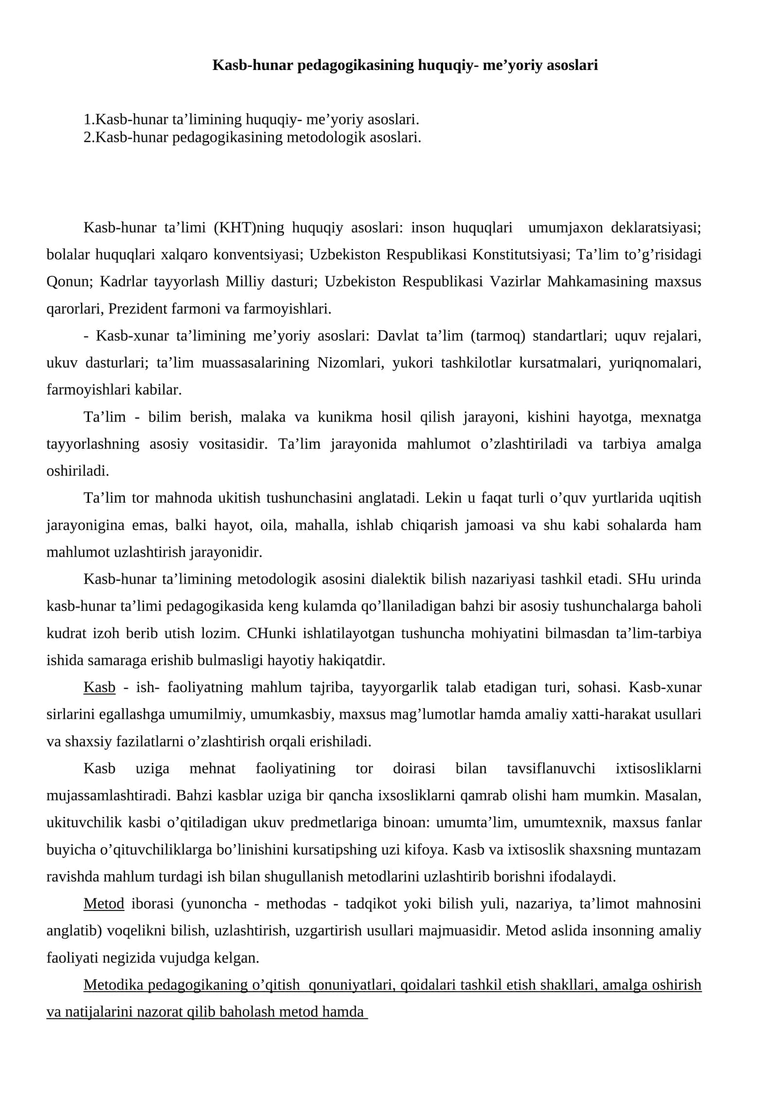Kasb-hunar pedagogikasining huquqiy- me’yoriy asoslari 1