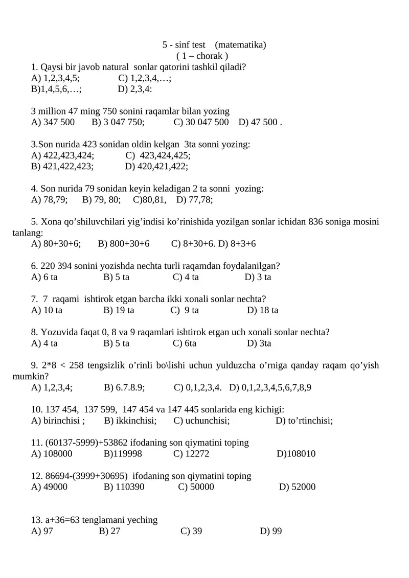 MATEMATIKA FANIDAN TEST SAVOLLARI 1