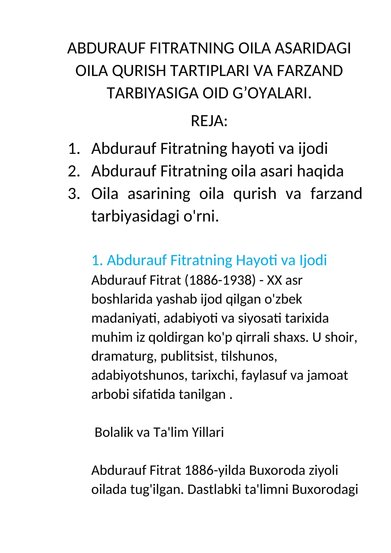 Abdurauf Fitratning oila asaridagi oila qurish tartiplari va farzand tarbiyasiga oid g’oyalari 1