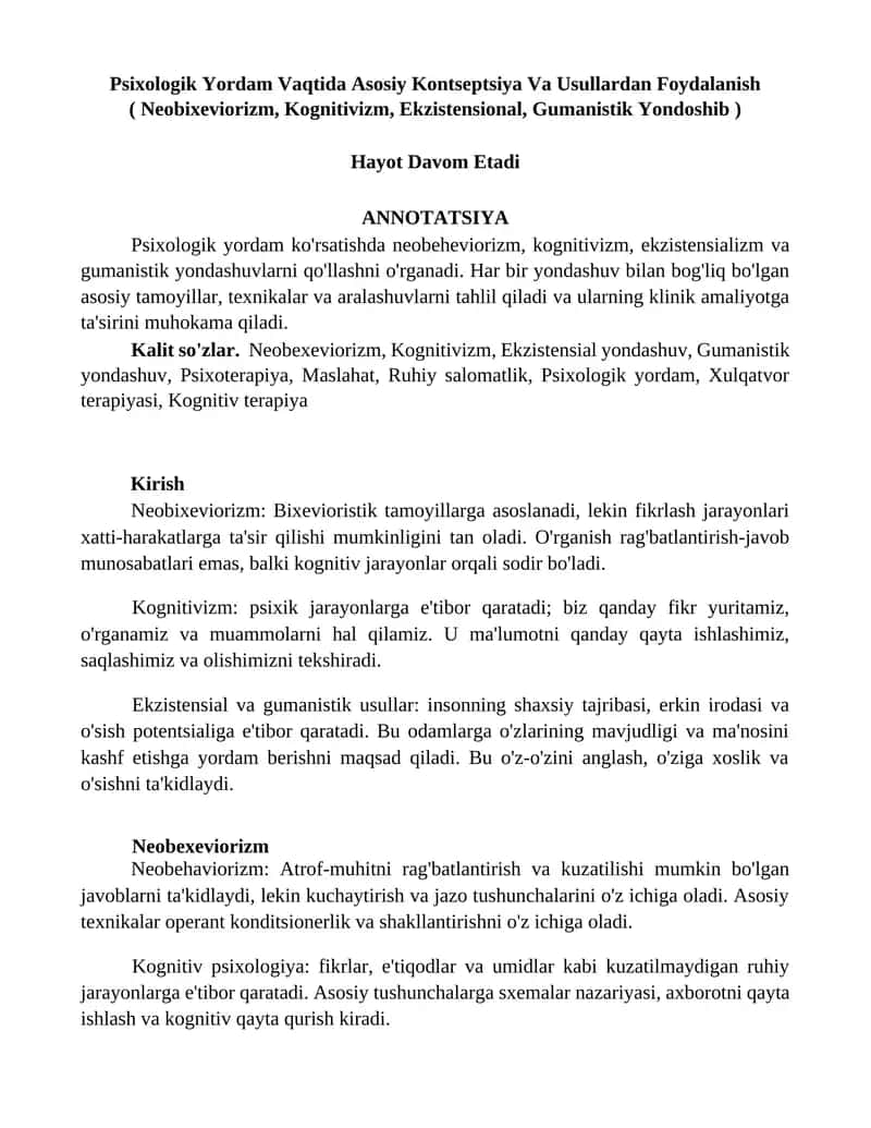 Psixologik Yordam Vaqtida Asosiy Kontseptsiya Va Usullardan Foydalanish 1