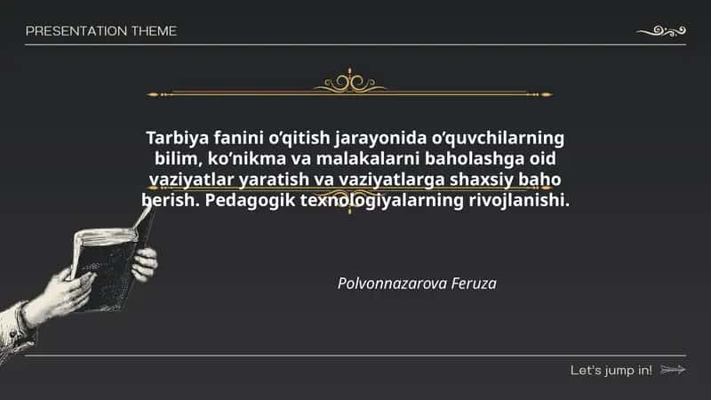 Tarbiya fanini o’qitish jarayonida o’quvchilarning bilim, ko’nikma va malakalarni baholashga oid vaziyatlar yaratish va vaziyatlarga shaxsiy baho berish. Pedagogik texnologiyalarning rivojlanishi 1