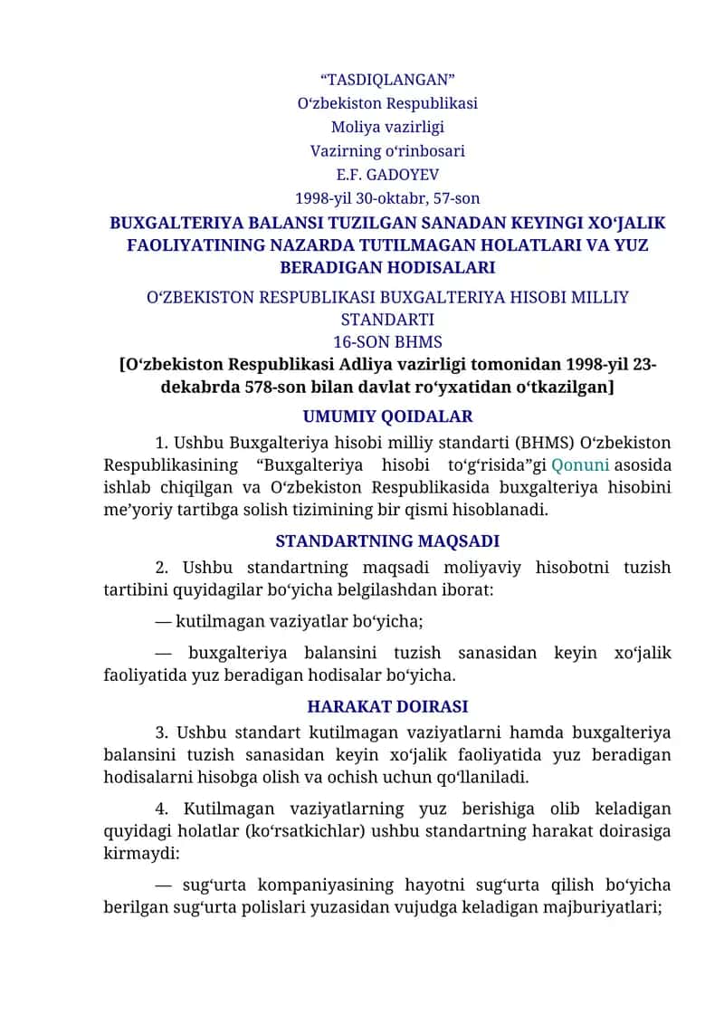 BUXGALTERIYA BALANSI TUZILGAN SANADAN KEYINGI XO‘JALIK FAOLIYATINING NAZARDA TUTILMAGAN HOLATLARI VA YUZ BERADIGAN HODISALARI (16-SON BHMS) 1