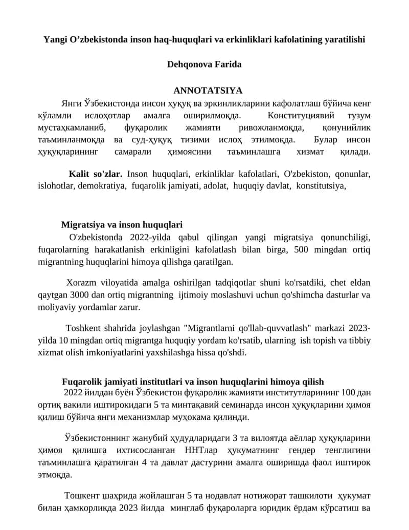 Yangi Oʼzbekistonda inson haq-huquqlari va erkinliklari kafolatining yaratilishi 1