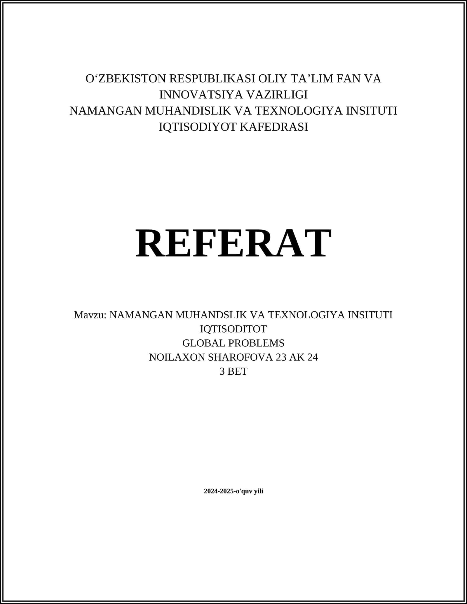 NAMANGAN MUHANDSLIK VA TEXNOLOGIYA INSITUTI IQTISODITOT 1