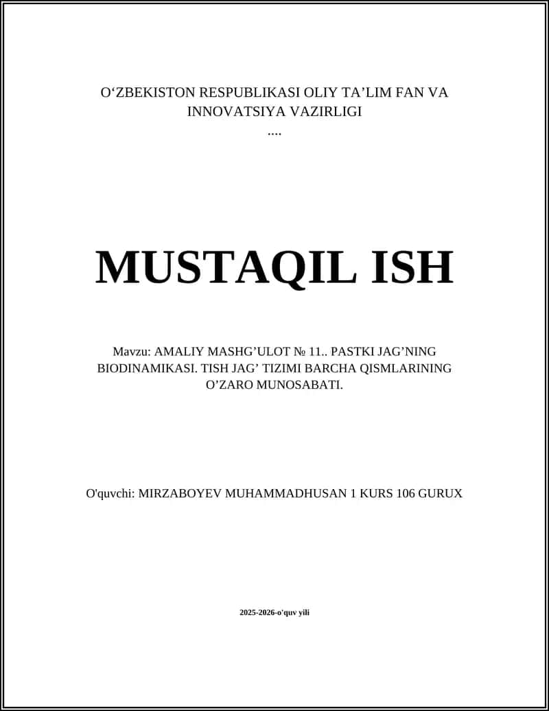 AMALIY MASHG’ULOT № 11: PASTKI JAG’NING BIODINAMIKASI 1