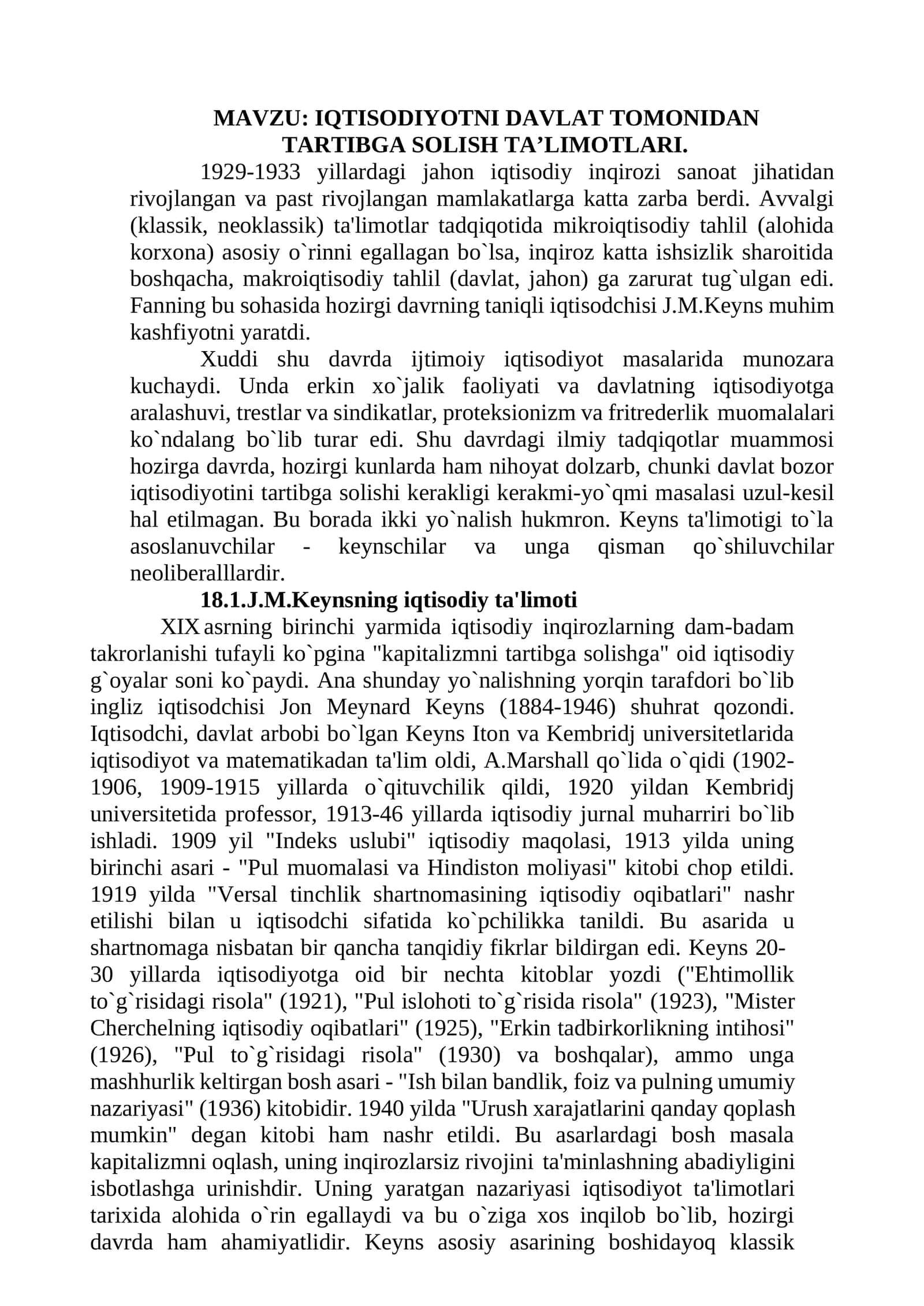 IQTISODIYOTNI DAVLAT TOMONIDAN TARTIBGA SOLISH TA’LIMOTLARI 1