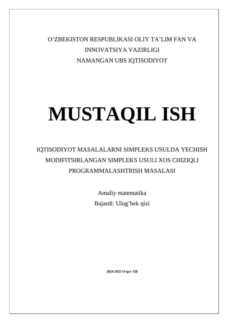 Iqtisodiyot Masalalarni Simpleks Usulda Yechish Modifikitsirlangan Simpleks Usuli Xos Chiziq Programmalashtirish Masalasi 1