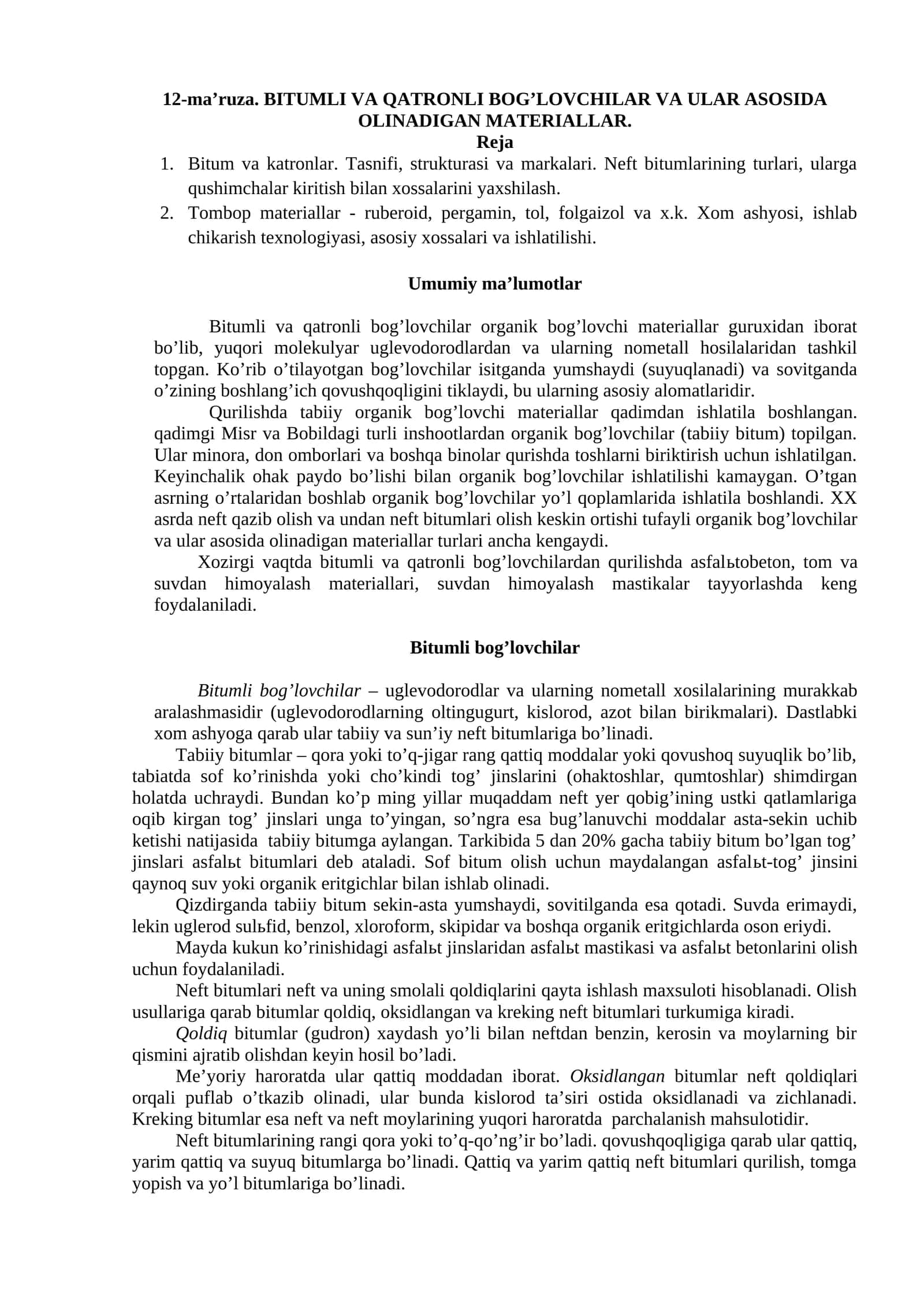 Bitumli va qatronli bog’lovchilar va ular asosida olinadigan materiallar 1