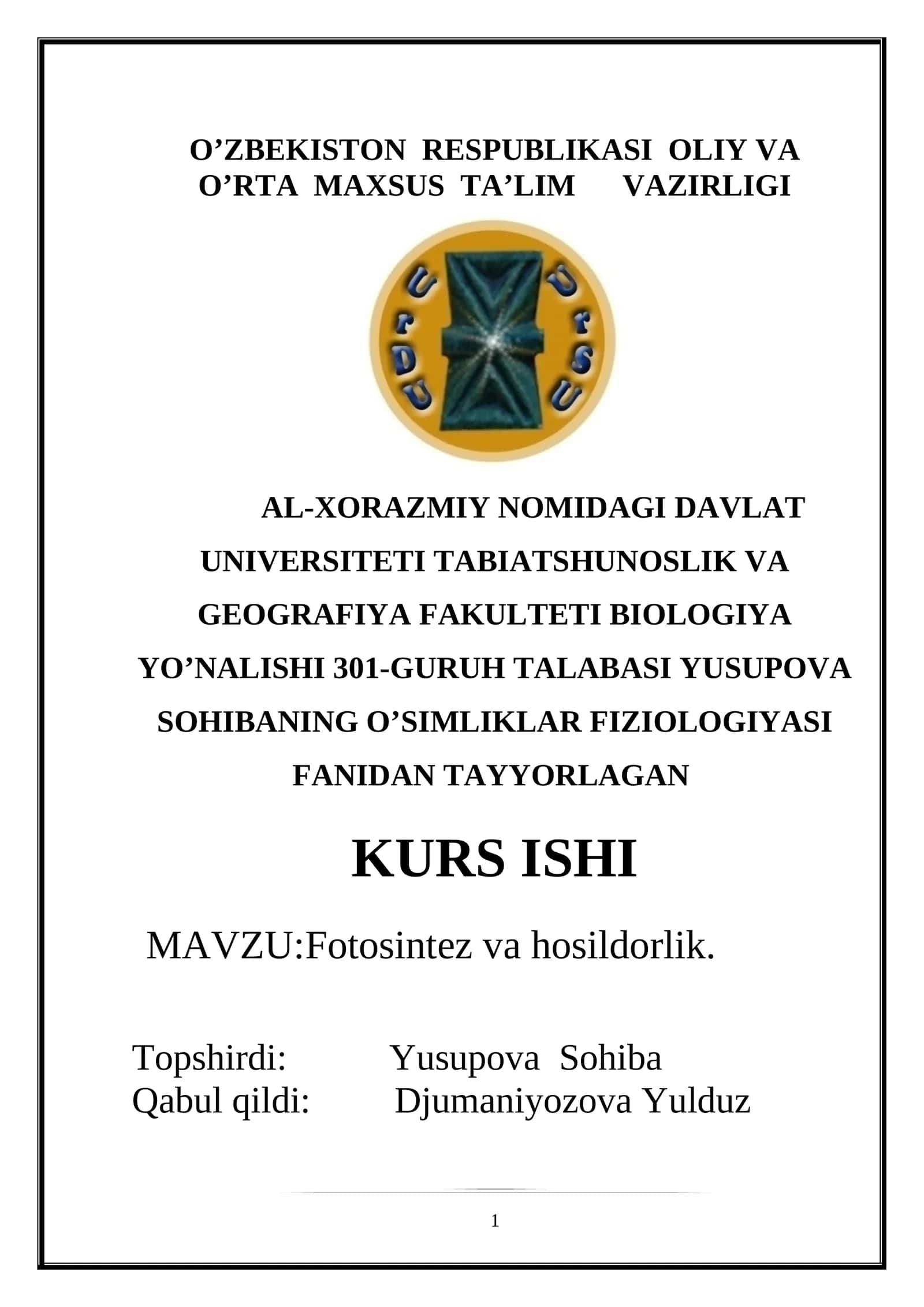 FOTOSINTEZ VA HOSILDORLIK 1