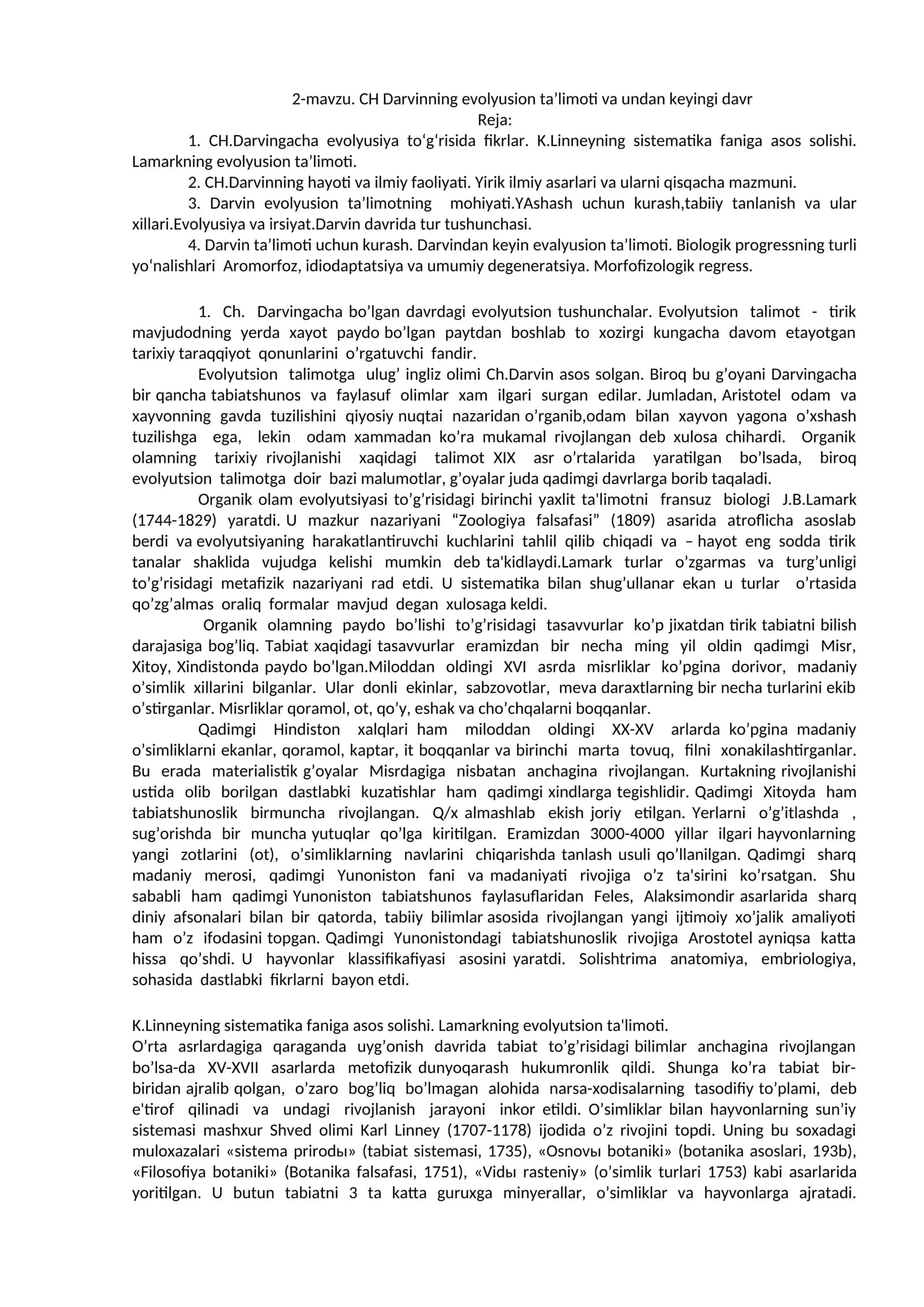 CH Darvinning evolyusion ta'limoti va undan keyingi davr 1