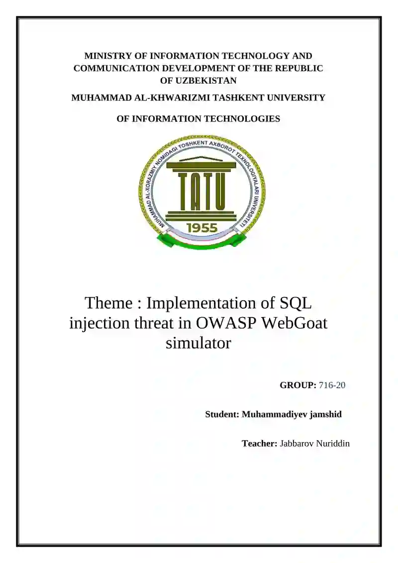 Implementation of SQL injection threat in OWASP WebGoat simulator