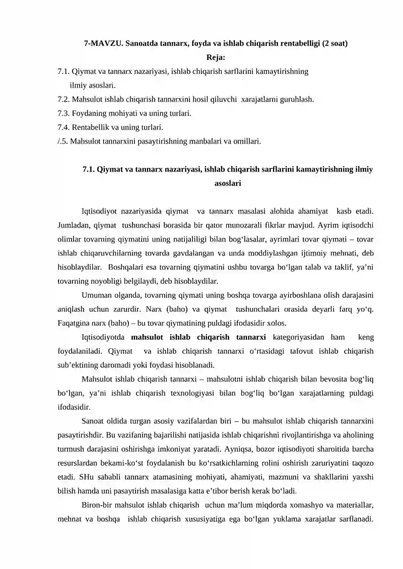 Sanoatda tannarx, foyda va ishlab chiqarish rentabelligi