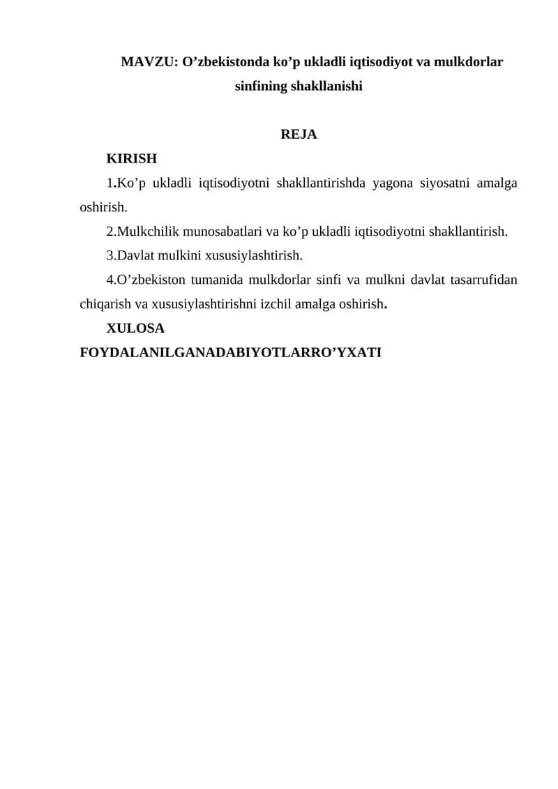 O'zbekistonda ko'p ukladli iqtisodiyot va mulkdorlar sinfining shakllanishi 1