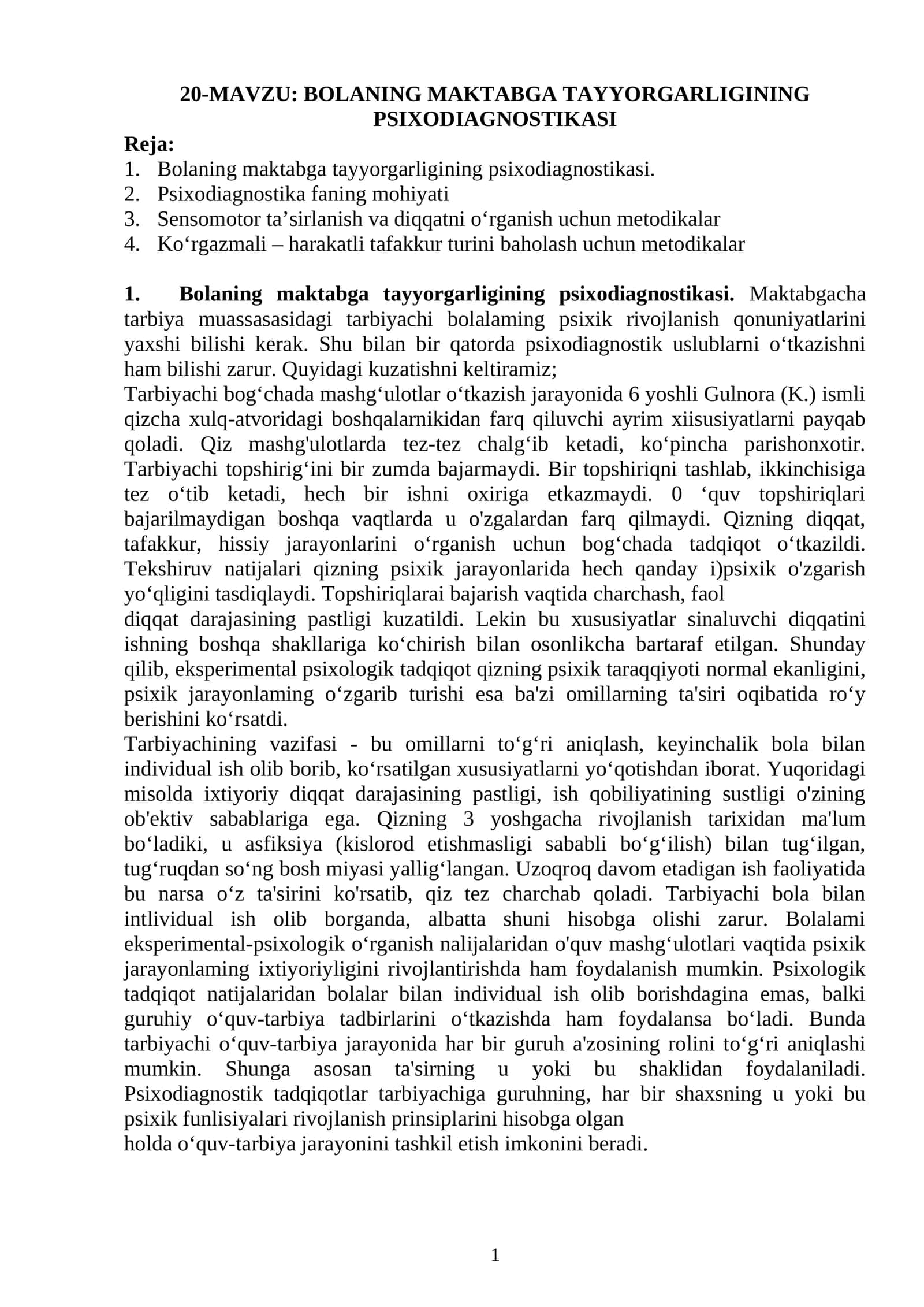 BOLANING MAKTABGA TAYYORGARLIGINING PSIXODIAGNOSTIKASI 1