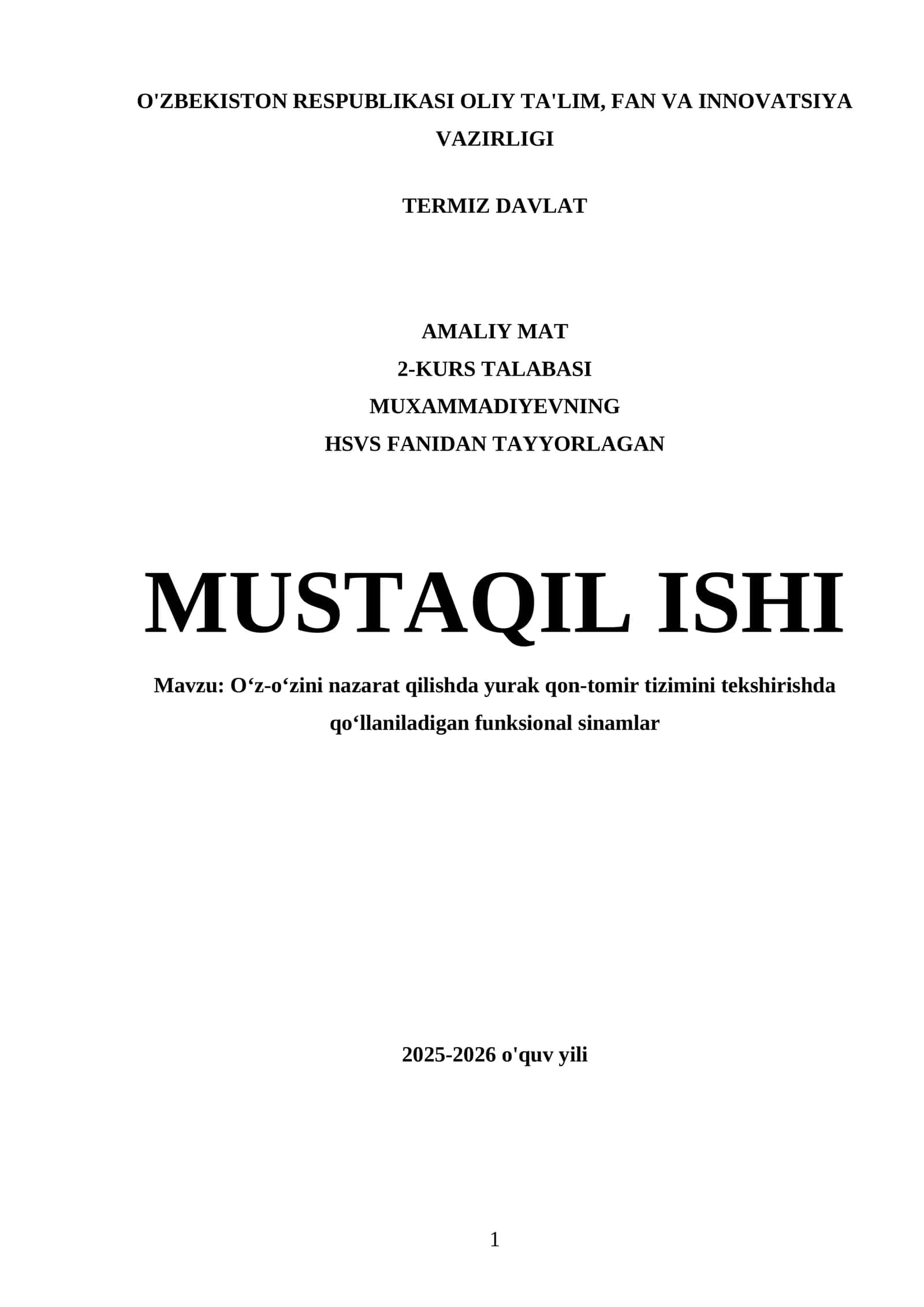 O‘z-o‘zini nazarat qilishda yurak qon-tomir tizimini tekshirishda qo‘llaniladigan funksional sinamlar 1