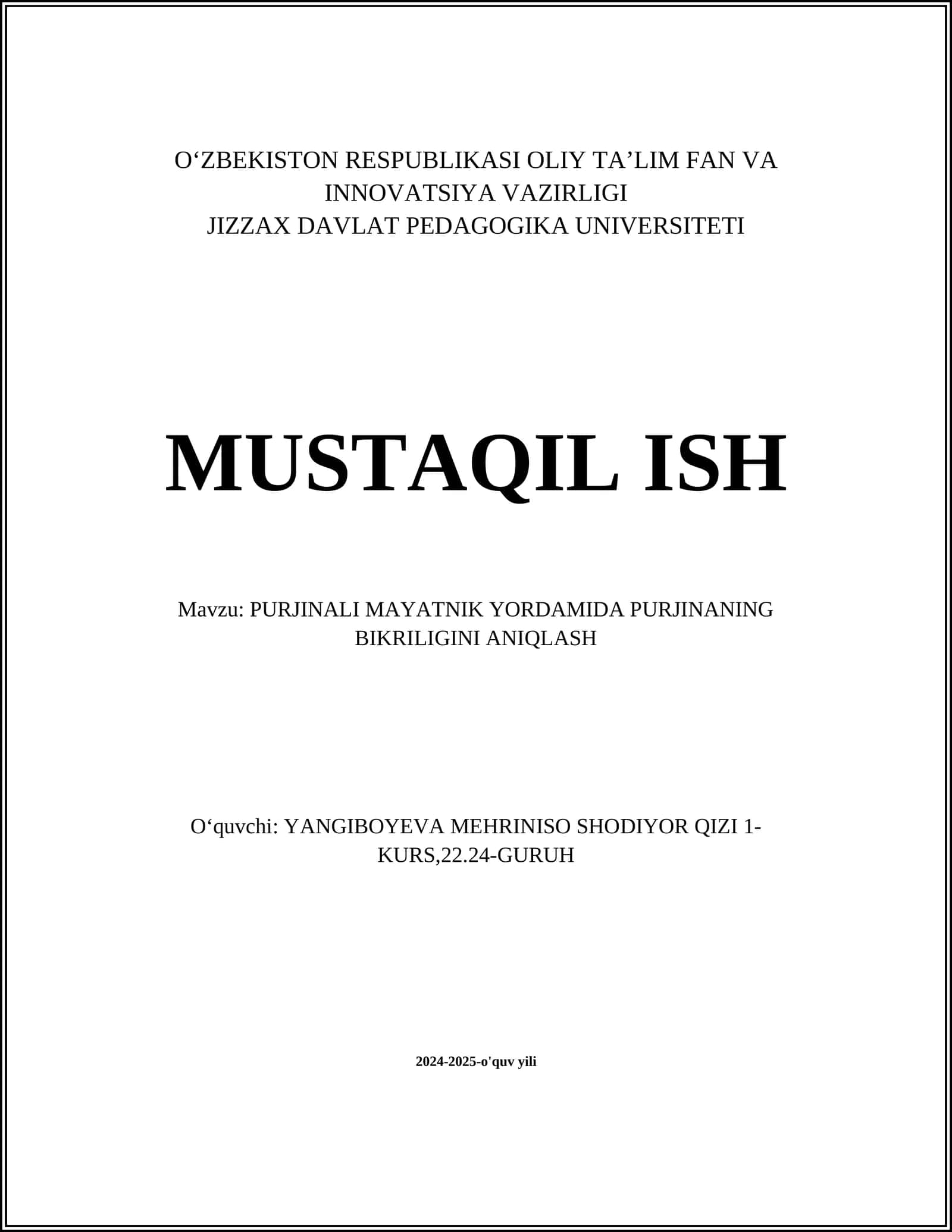 PURJINALI MAYATNIK YORDAMIDA PURJINANING BIKRILIGINI ANIQLASH 1