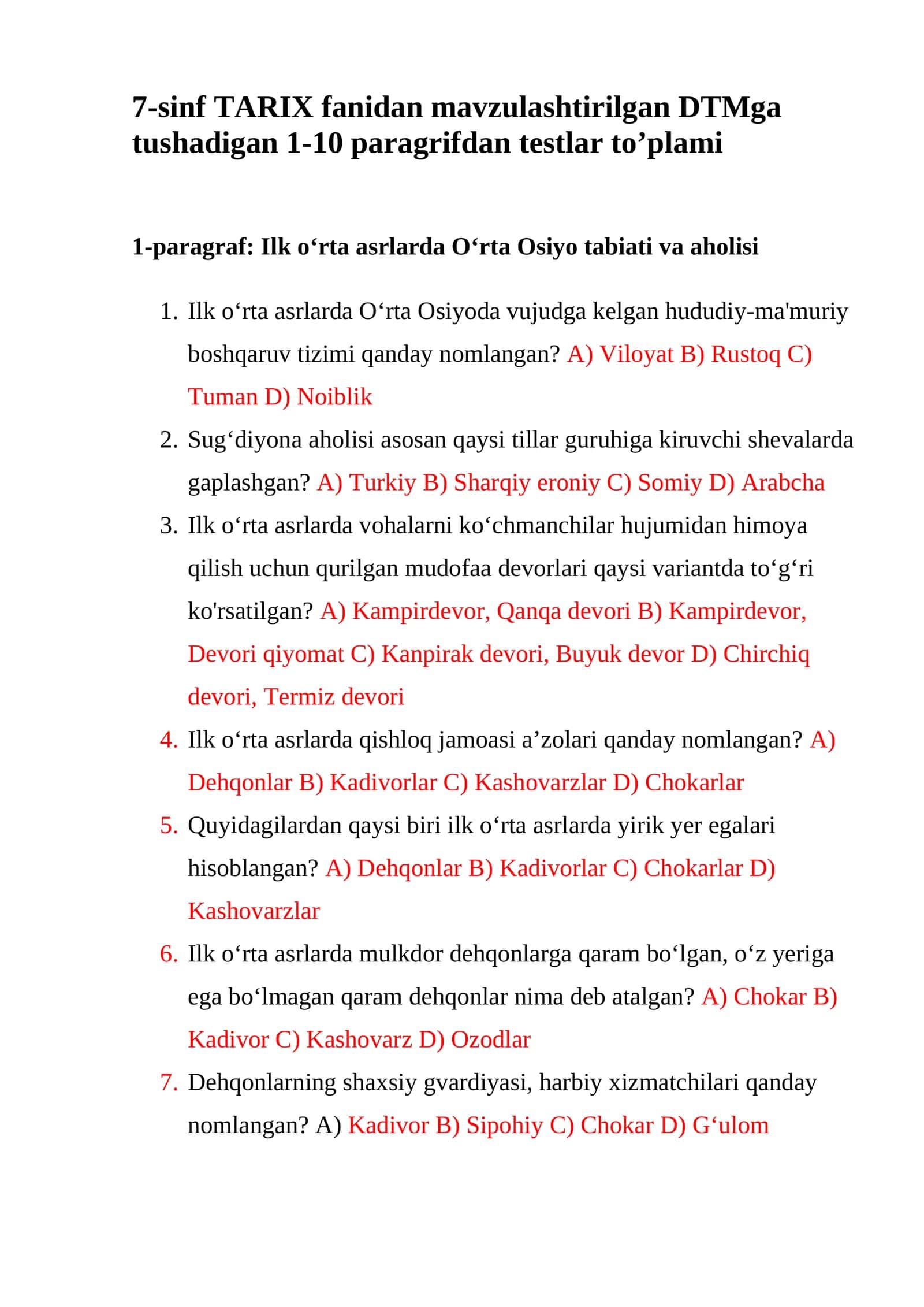 7-sinf TARIX fanidan mavzulashtirilgan DTMga tushadigan 1-10 paragrifdan testlar to’plami 1