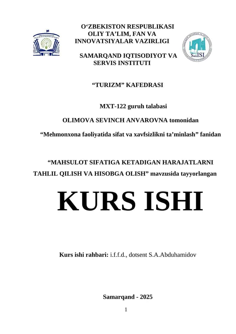 MAHSULOT SIFATIGA KETADIGAN HARAJATLARNI TAHLIL QILISH VA HISOBGA OLISH 1