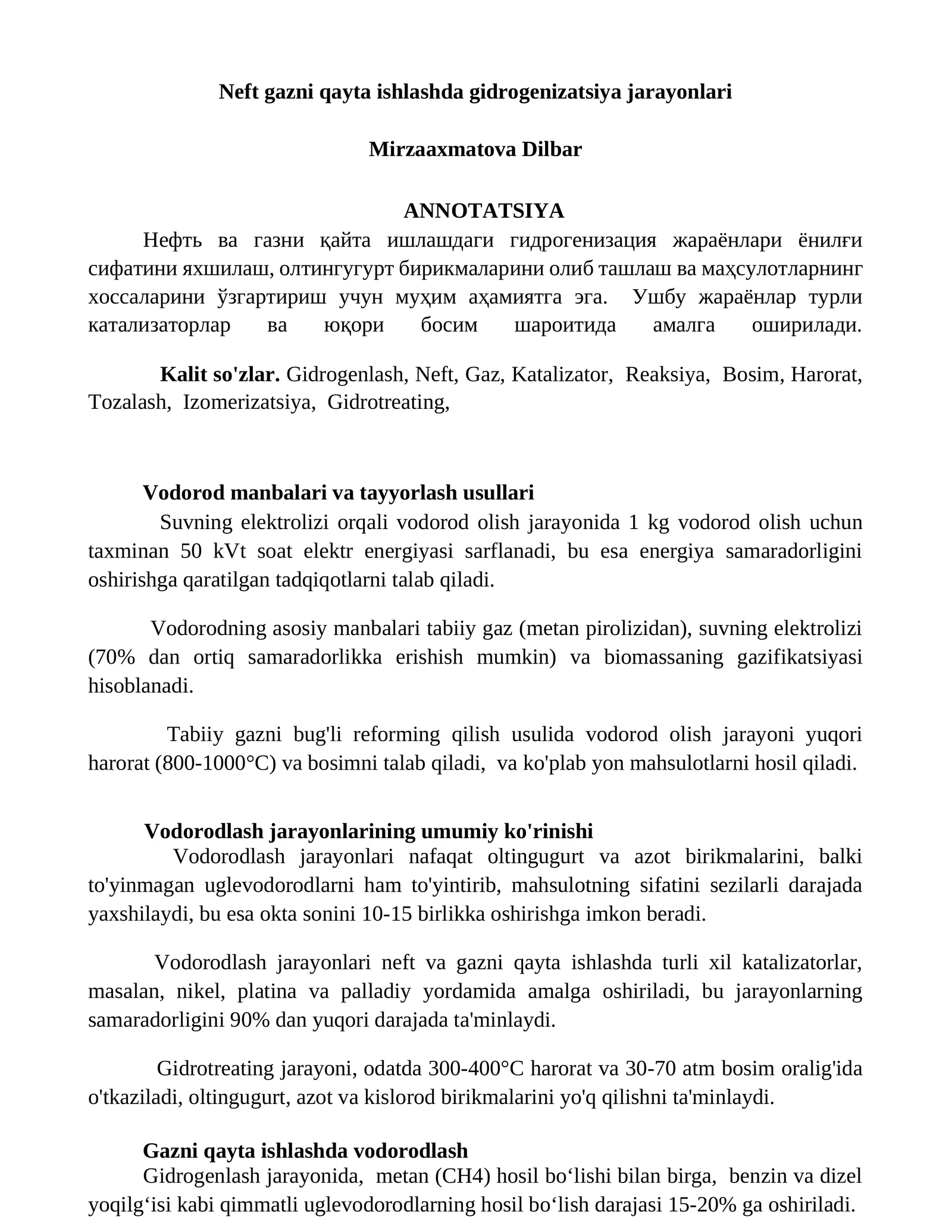 Neft gazni qayta ishlashda gidrogenizatsiya jarayonlari 1
