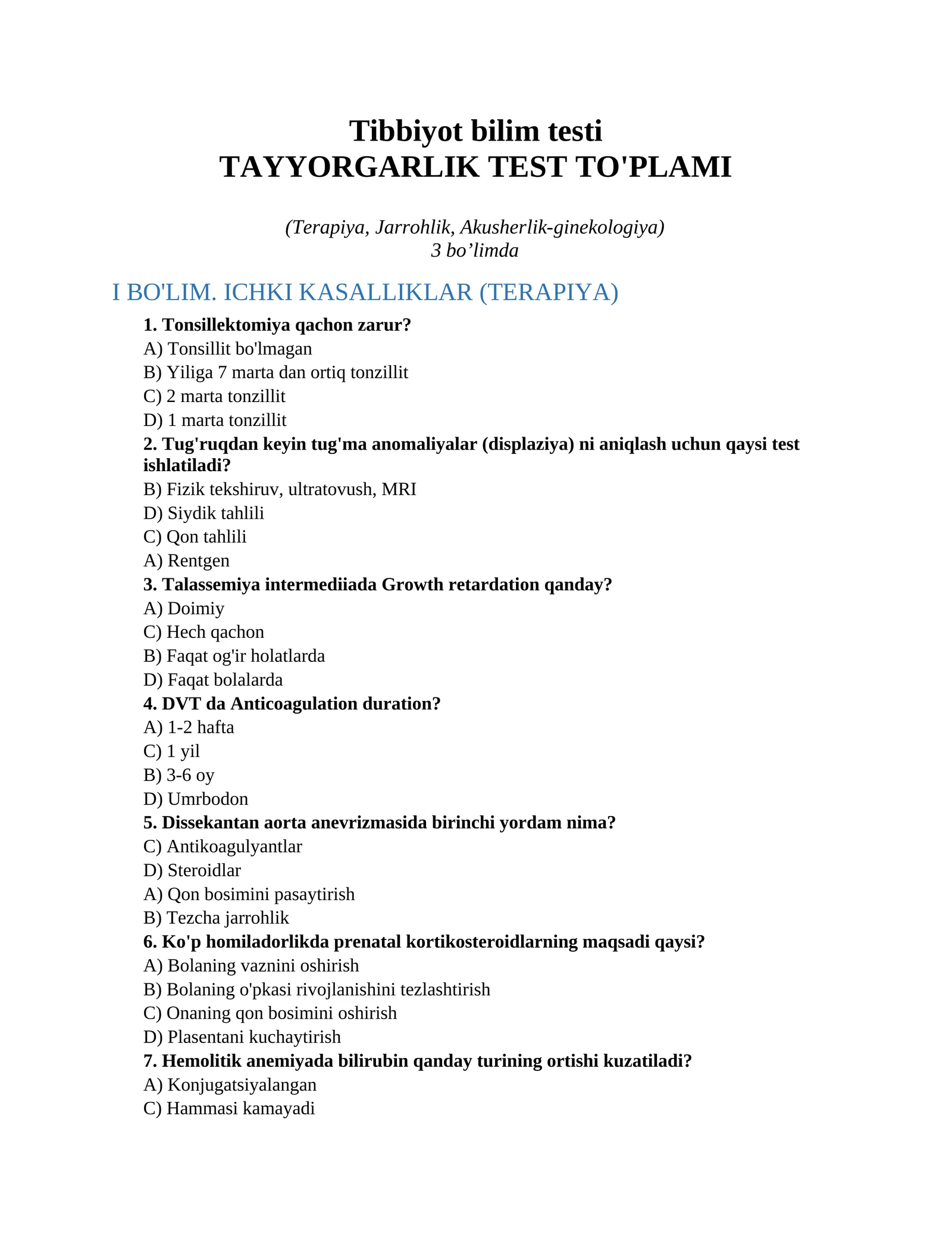 Tibbiyot bilim testi 1