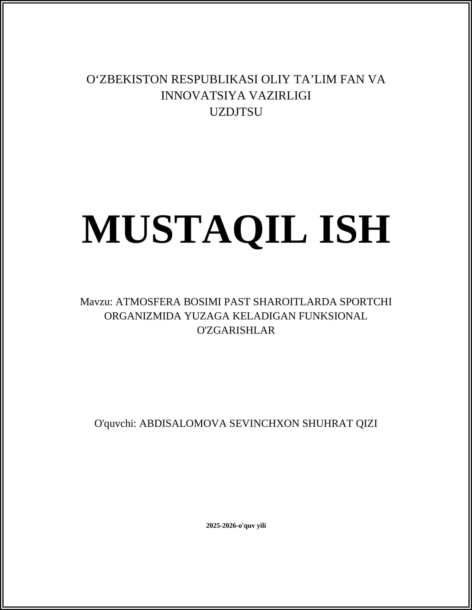 ATMOSFERA BOSIMI PAST SHAROITLARDA SPORTCHI ORGANIZMIDA YUZAGA KELADIGAN FUNKSIONAL O'ZGARISHLAR 1