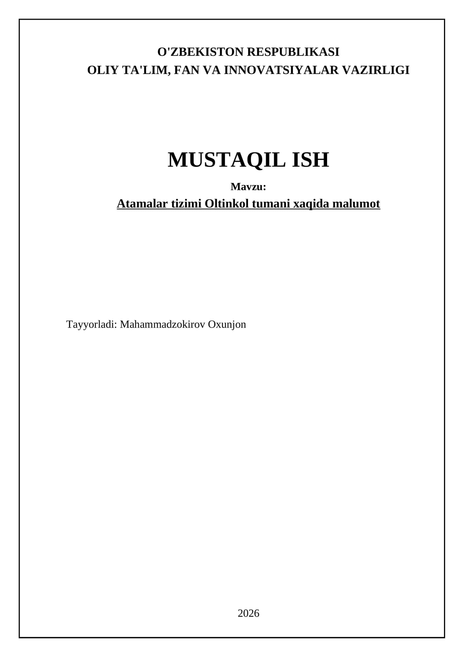 Atamalar tizimi Oltinkol tumani xaqida malumot 1
