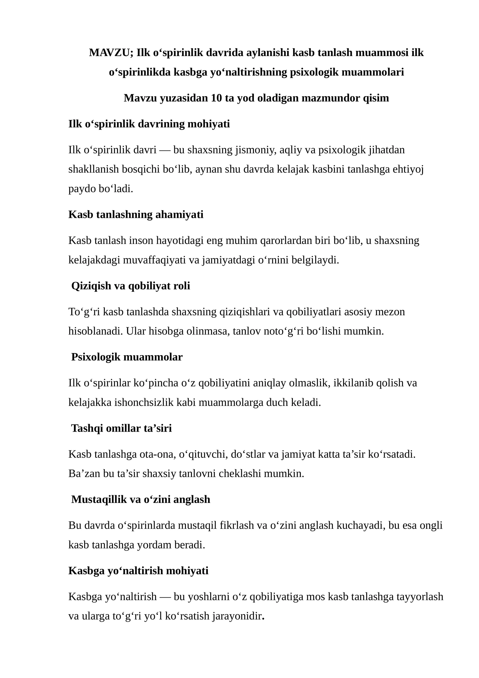 Ilk oʻspirinlik davrida aylanishi kasb tanlash muammosi ilk oʻspirinlikda kasbga yoʻnaltirishning psixologik muammolari 1