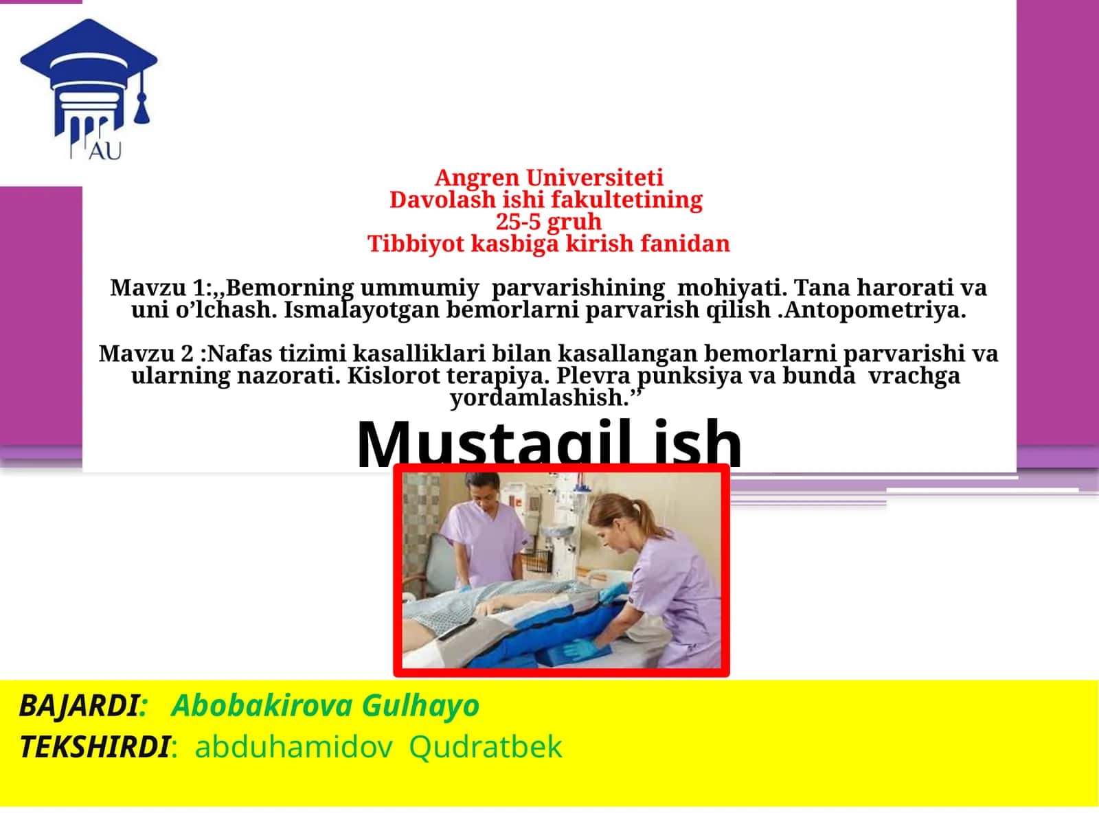 Bemorlar parvarishi Tibbiyot 1