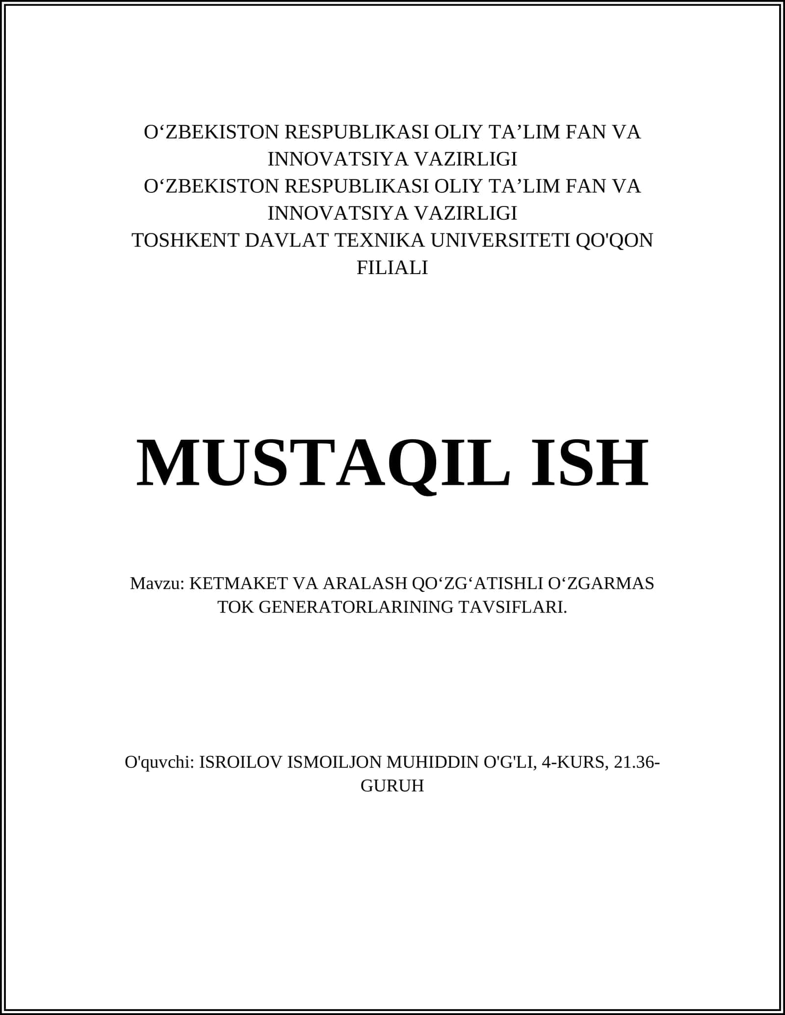 KETMAKET VA ARALASH QOʻZGʻATISHLI OʻZGARMAS TOK GENERATORLARINING TAVSIFLARI 1